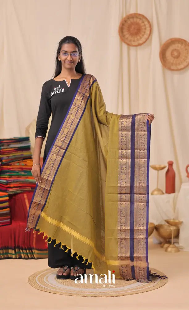 Henna Green With Dark Blue Chettinad Cotton Dupatta salwar
