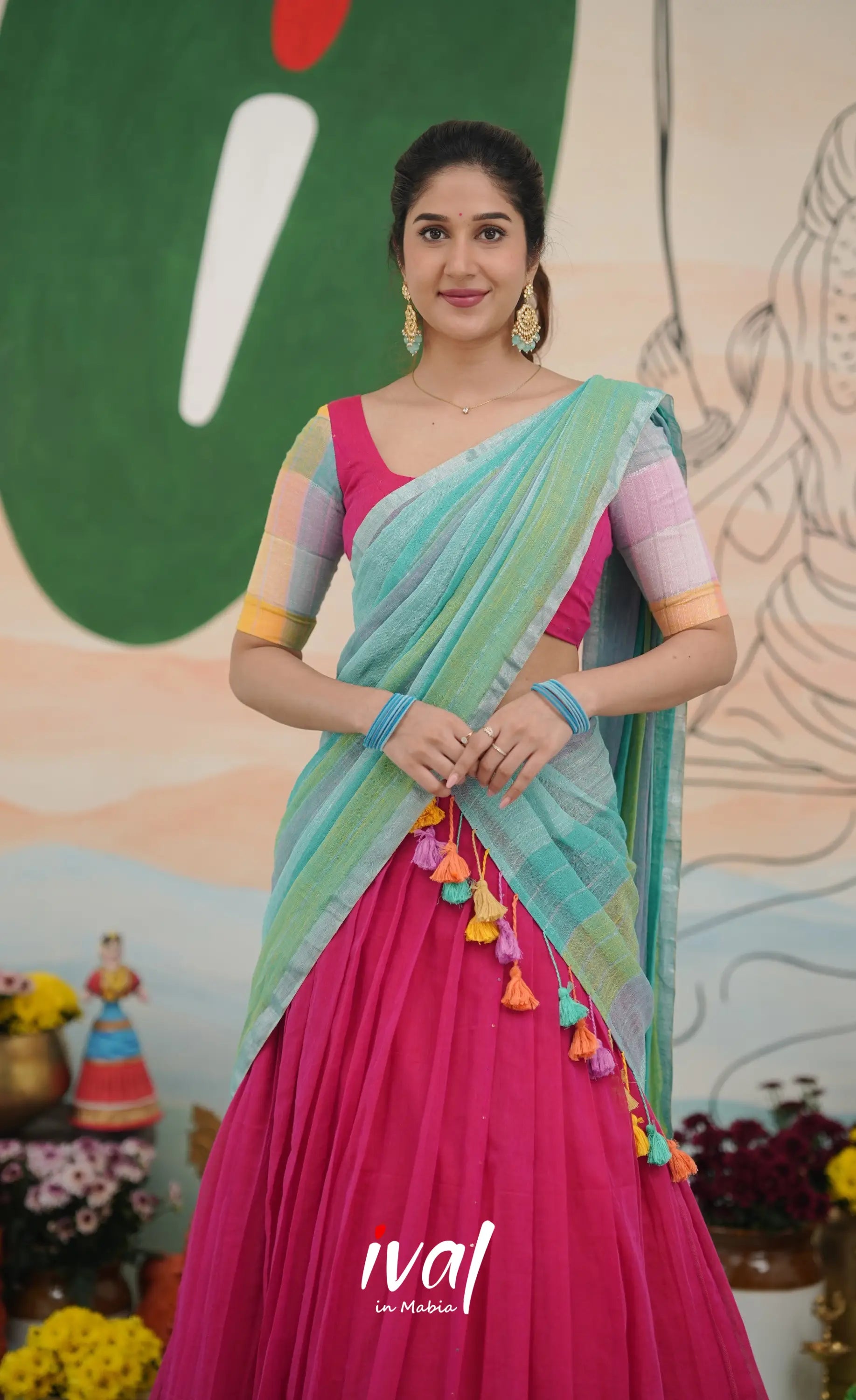 Hot pink with Pastel blue cotton Halfsaree Half Sarees