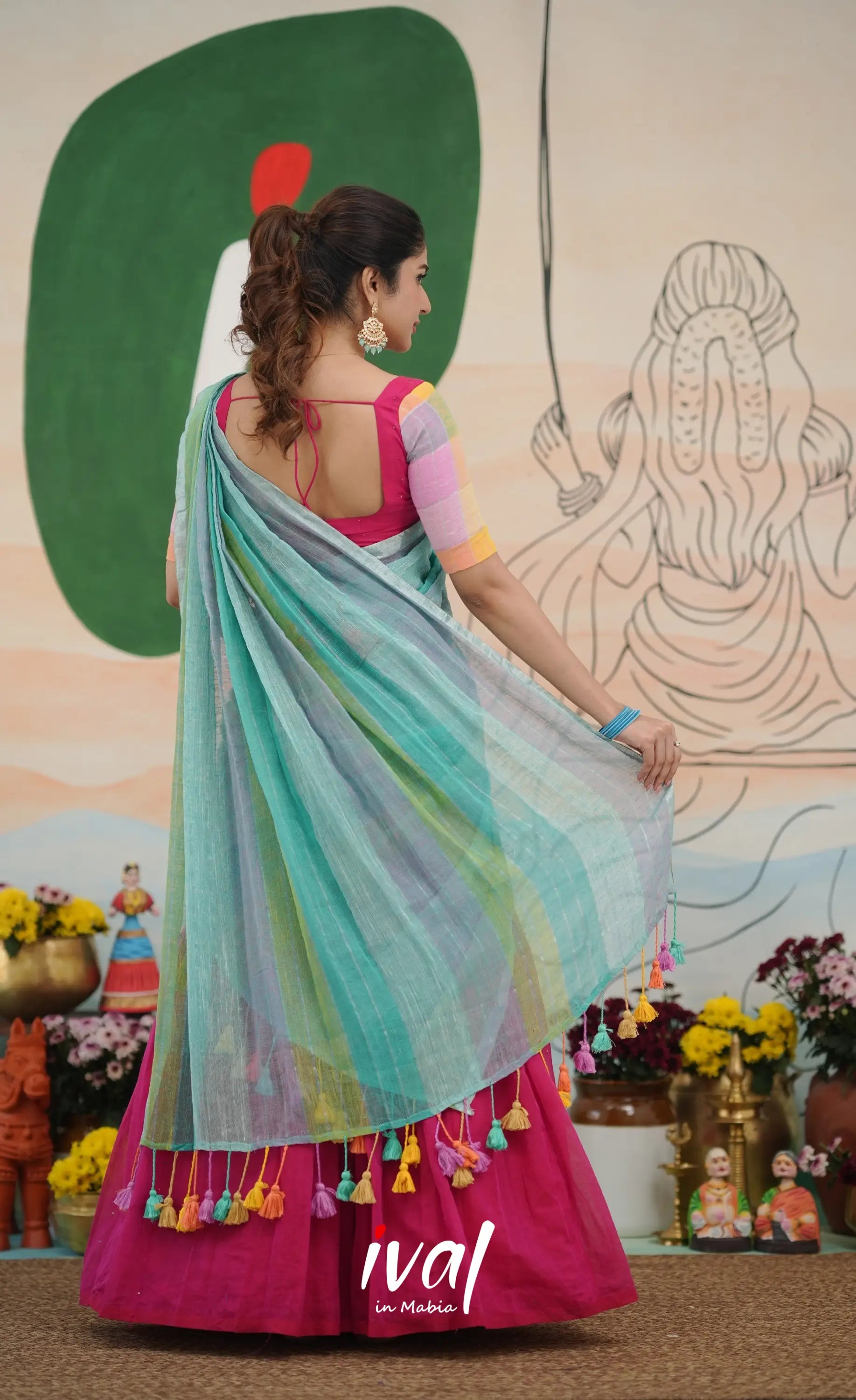 Hot pink with Pastel blue cotton Halfsaree Half Sarees