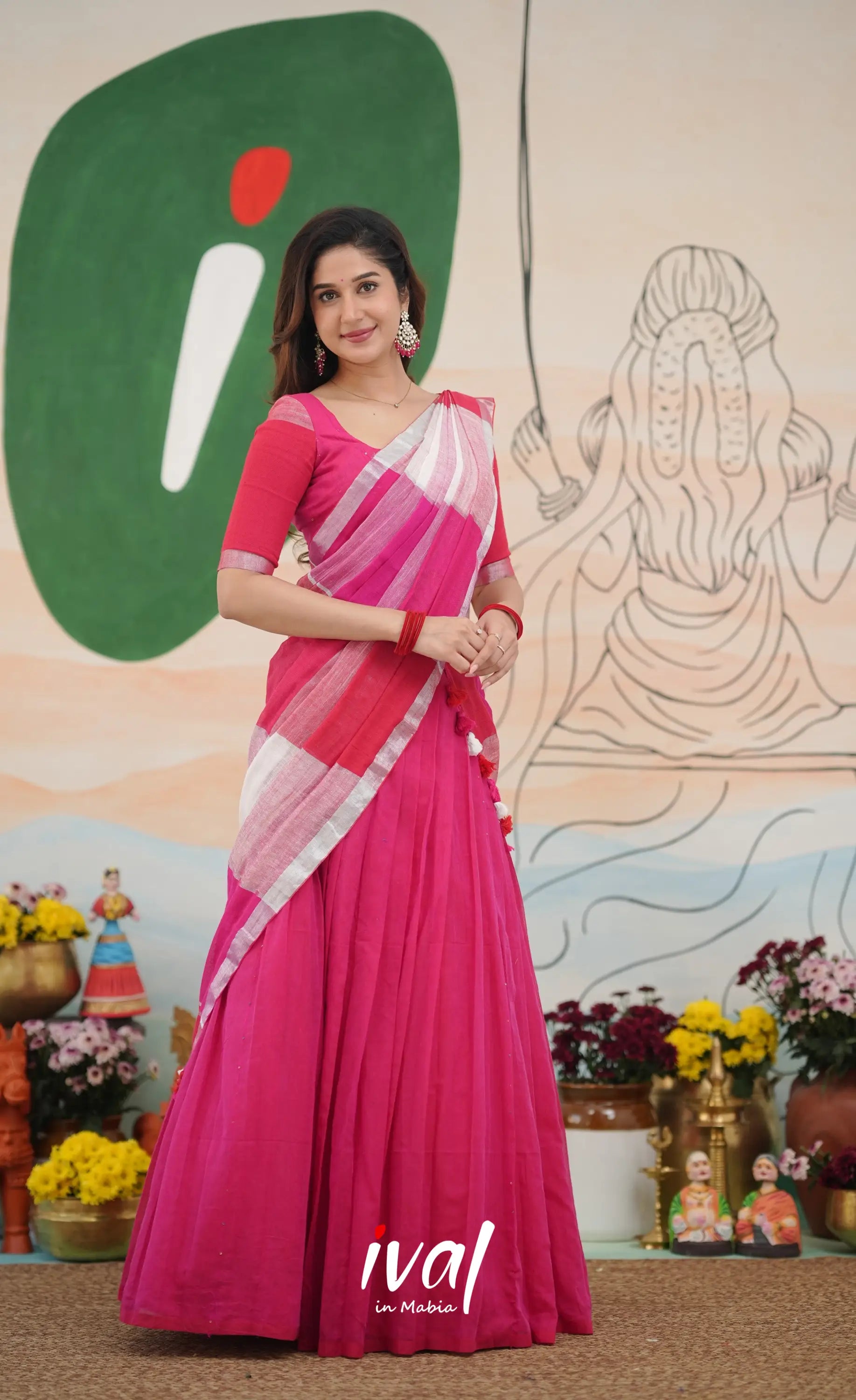 Hot pink with White cotton Halfsaree Half Sarees