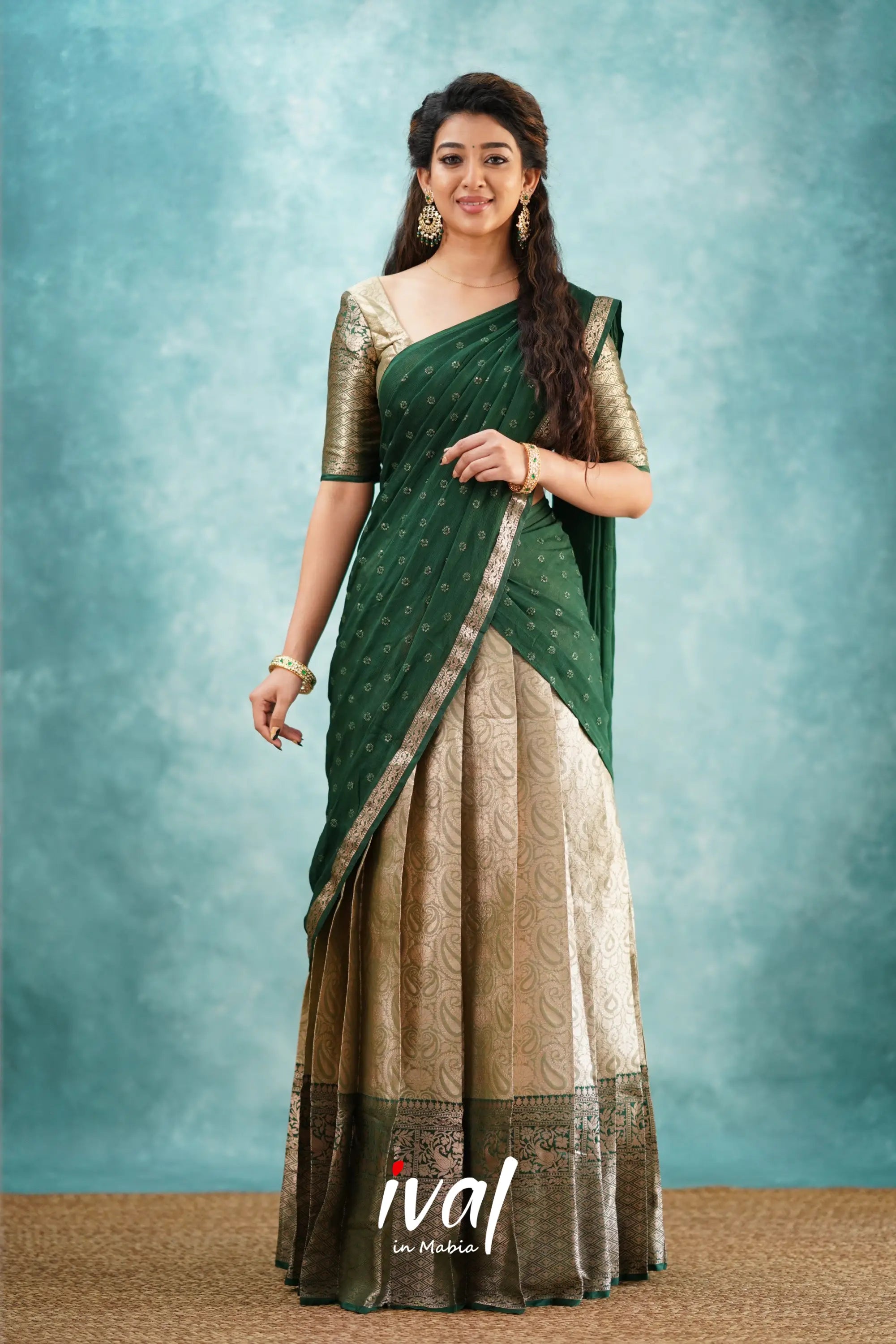 Izhaiyini Bottle Green Banarasi Tissue Halfsaree – Ivalinmabia