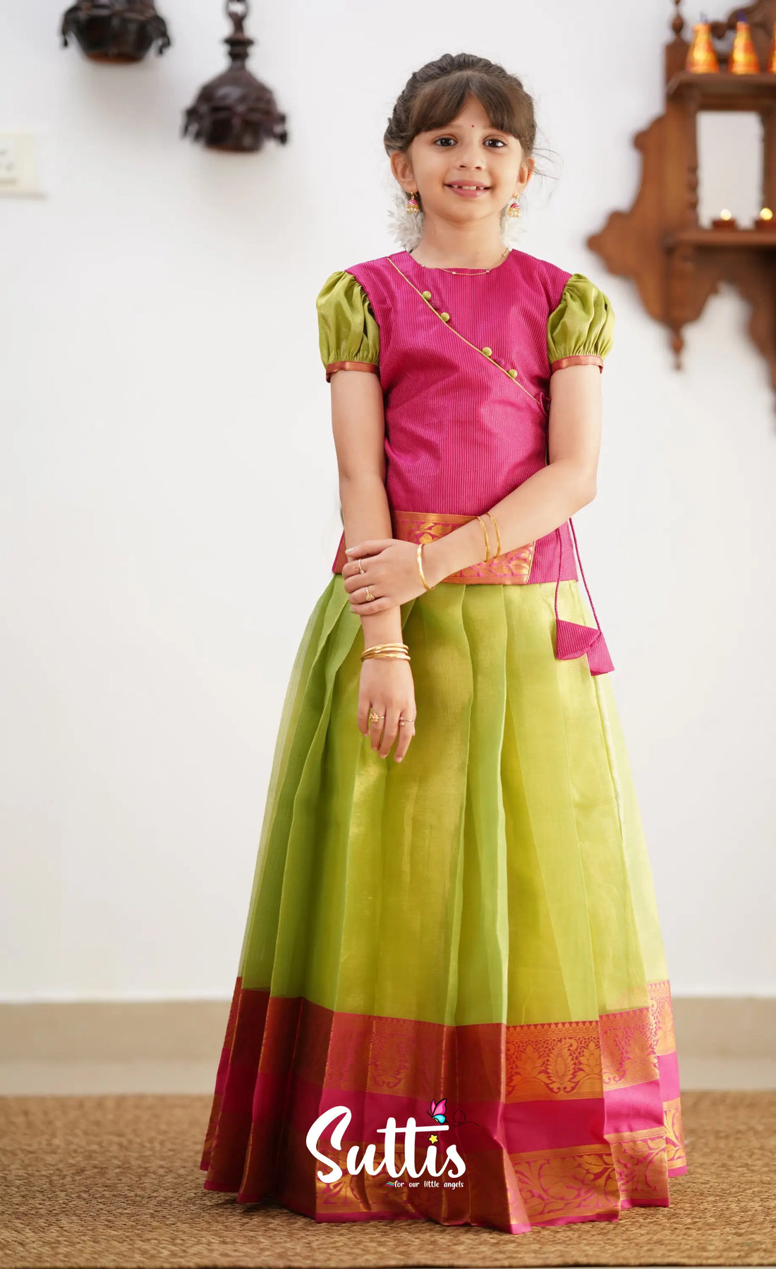 Izhaiyini - Green Shade And Hot Pink Tone Organza Pavadai Sattai Kids-Suttis