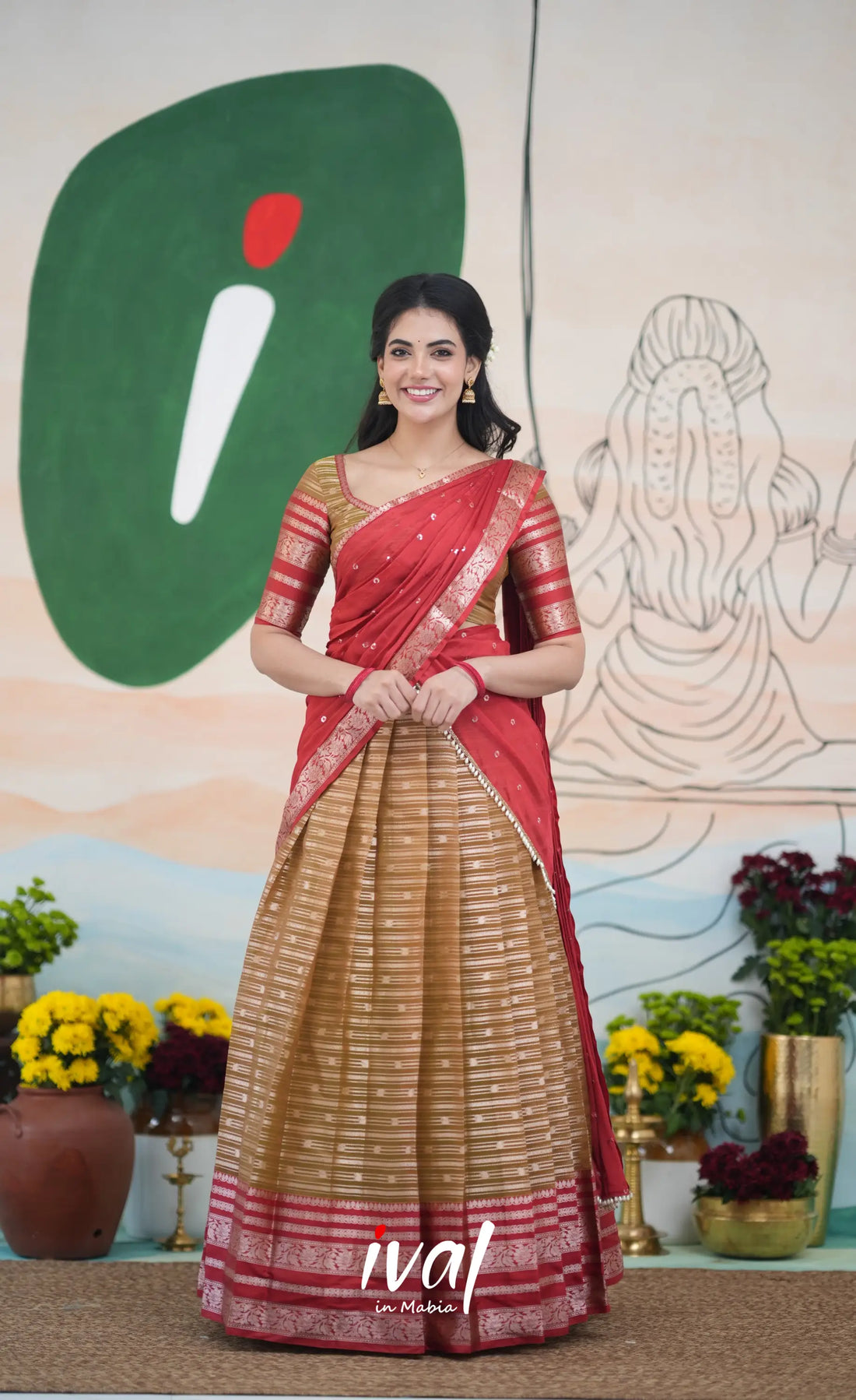 Izhaiyini Halfsaree - Henna Brown and Rust Orange Half Sarees