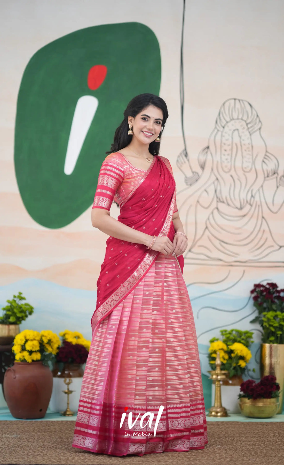 Izhaiyini Halfsaree - Pink and Bright Red Half Sarees
