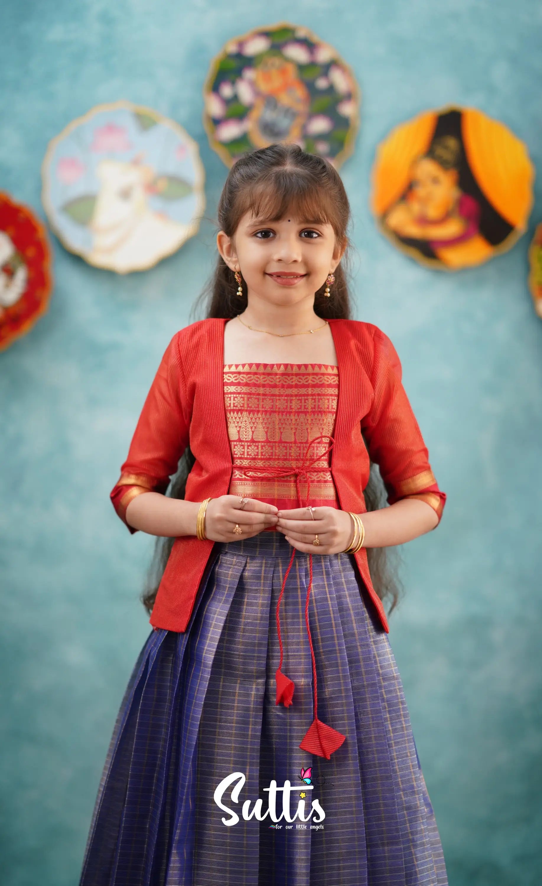 Izhaiyini-Navy Blue And Red Organza Top Skirt Kids-Suttis
