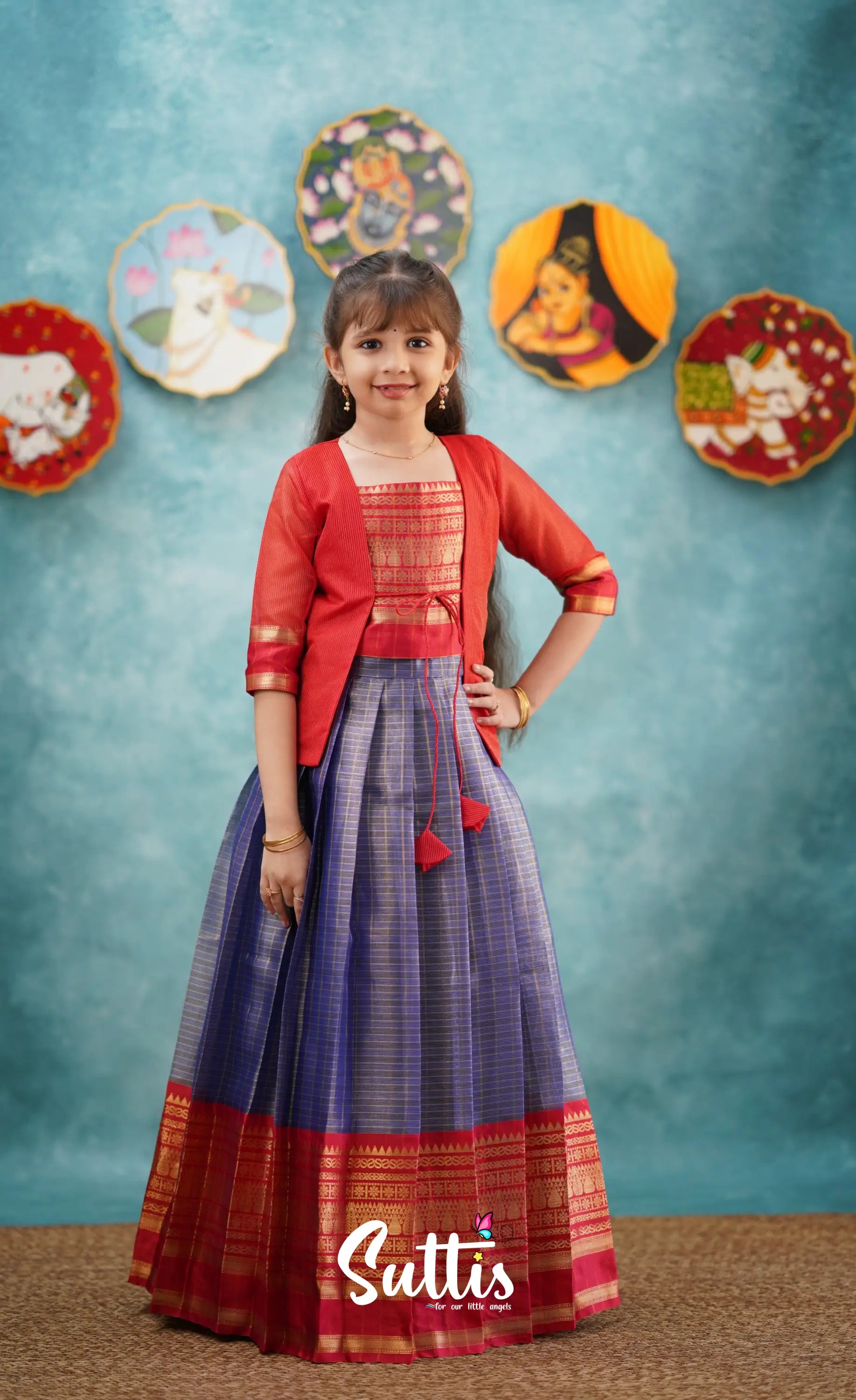 Izhaiyini-Navy Blue And Red Organza Top Skirt Kids-Suttis