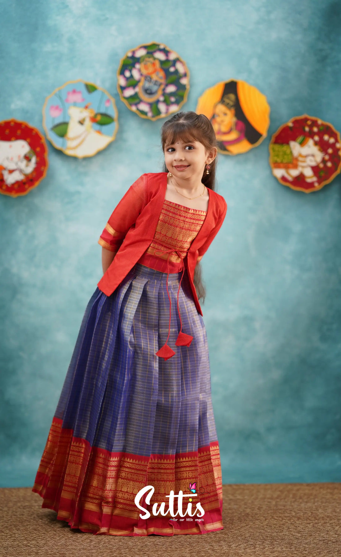 Izhaiyini-Navy Blue And Red Organza Top Skirt Kids-Suttis