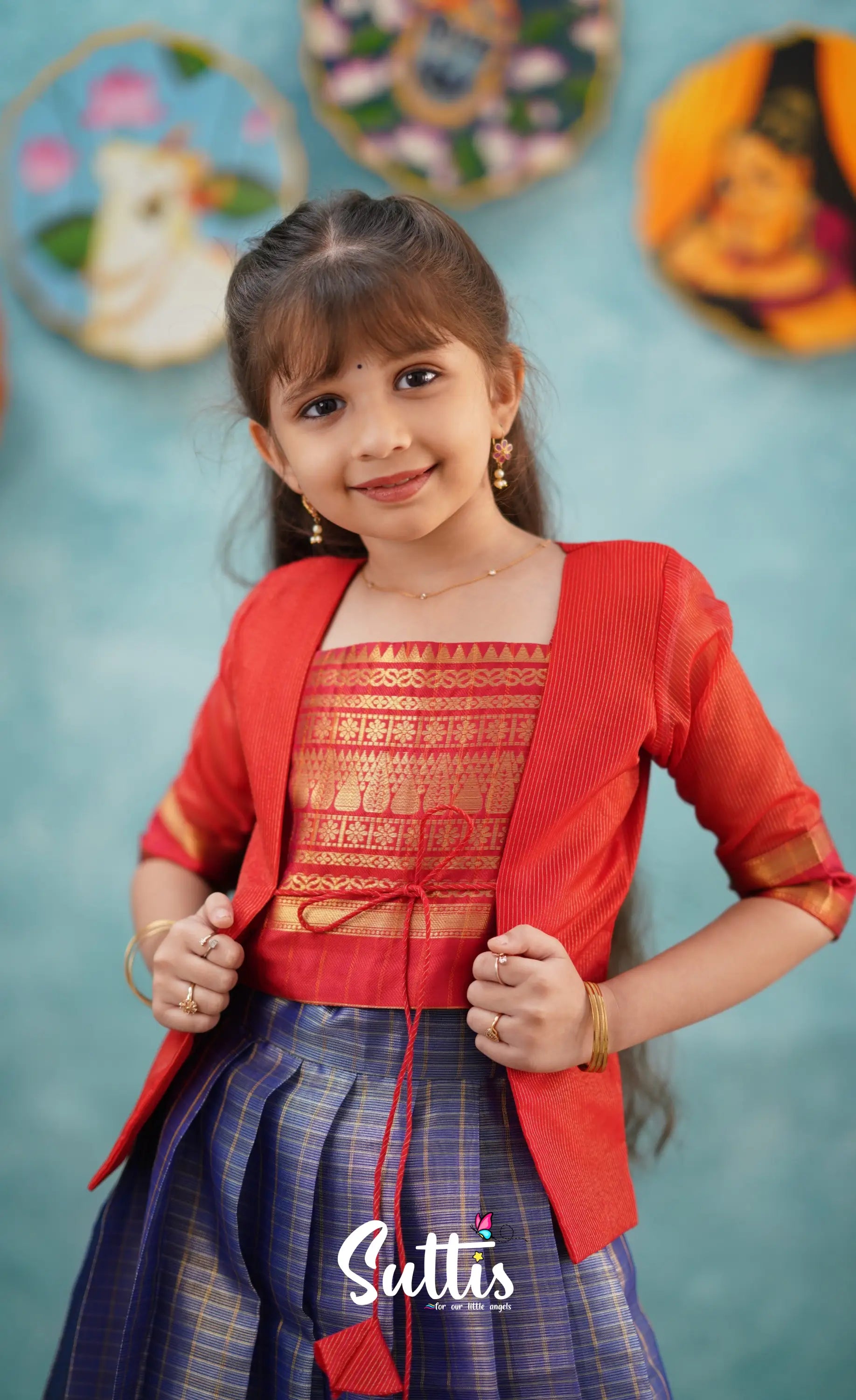 Izhaiyini-Navy Blue And Red Organza Top Skirt Kids-Suttis