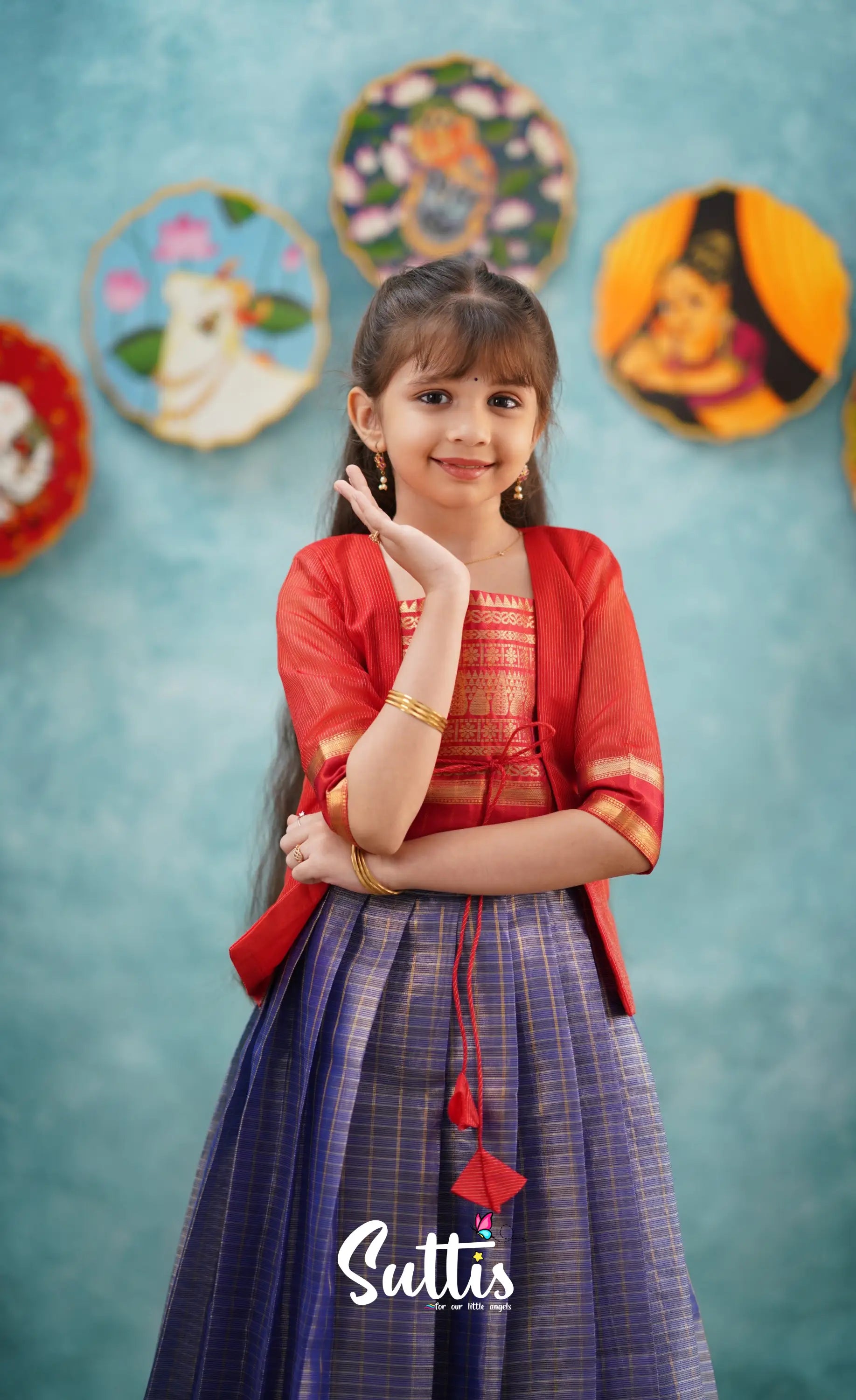 Izhaiyini-Navy Blue And Red Organza Top Skirt Kids-Suttis