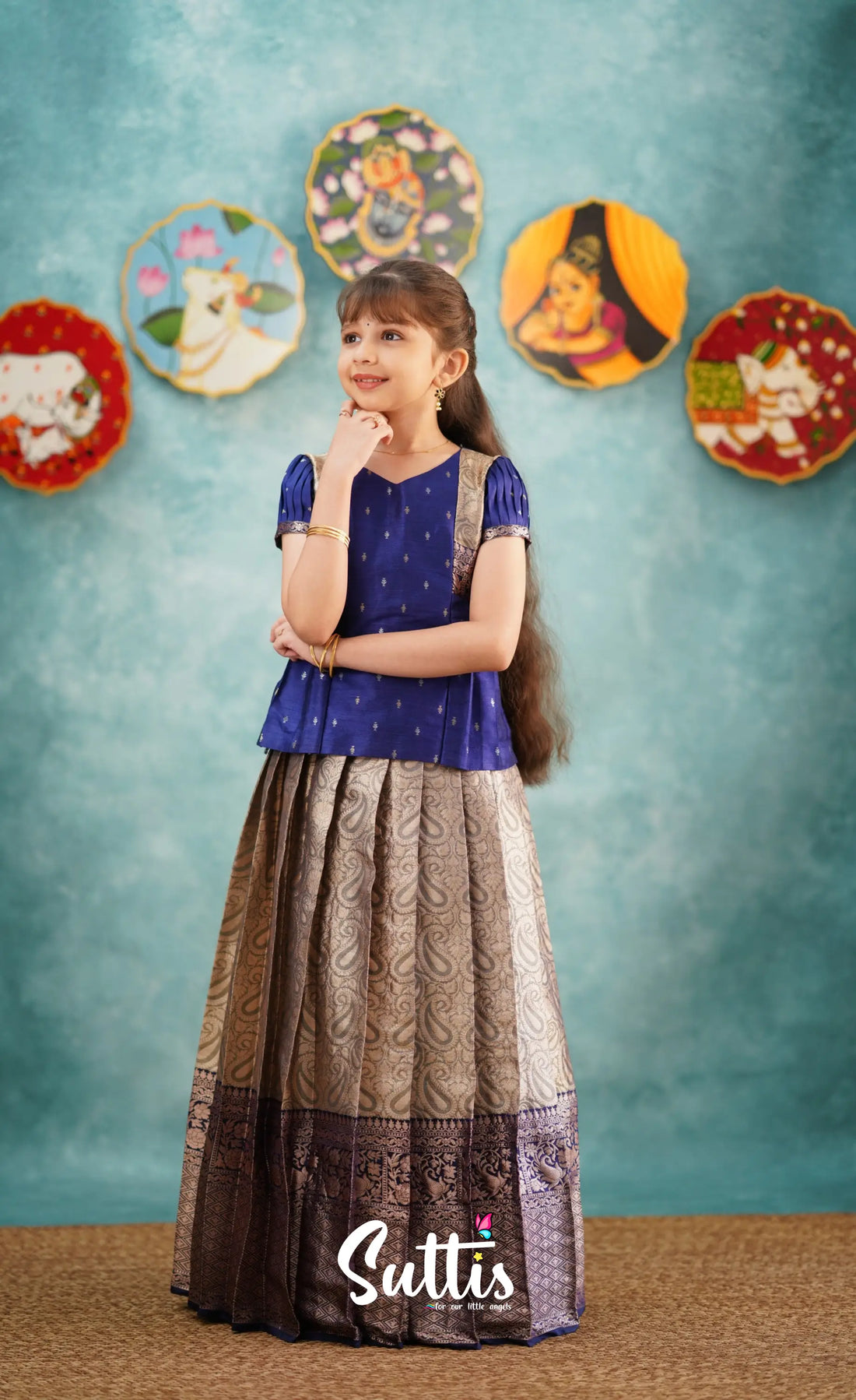 Izhaiyini - Navy Blue Banarasi Tissue Pavadai Sattai Kids-Suttis