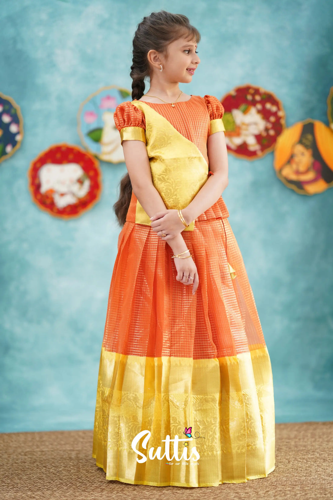Izhaiyini - Orange Organza Top And Skirt Kids-Suttis