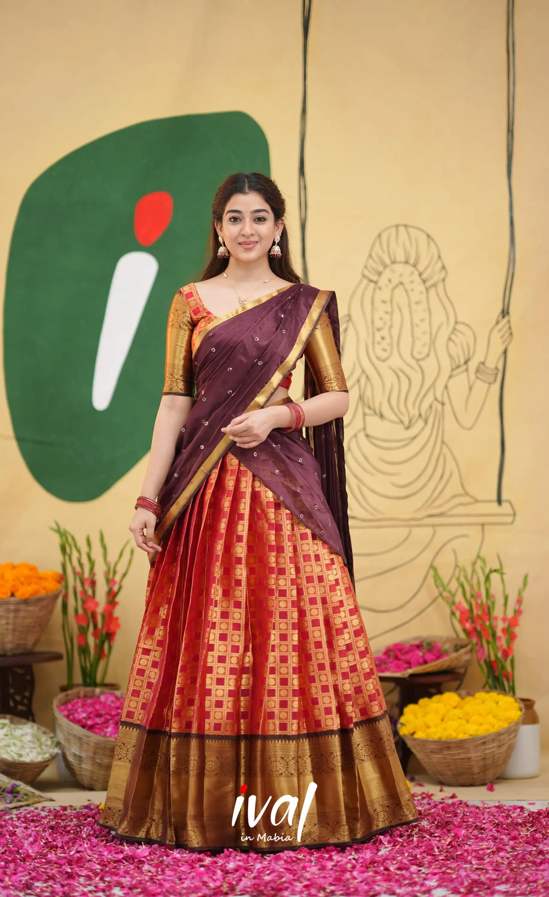 Izhaiyini Organza Half Saree - Red and brown - Half Sarees