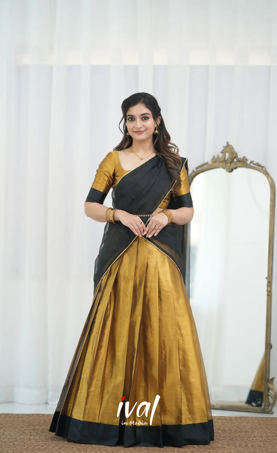 Izhaiyini Organza Halfsaree - Antique Gold and Black Half Sarees