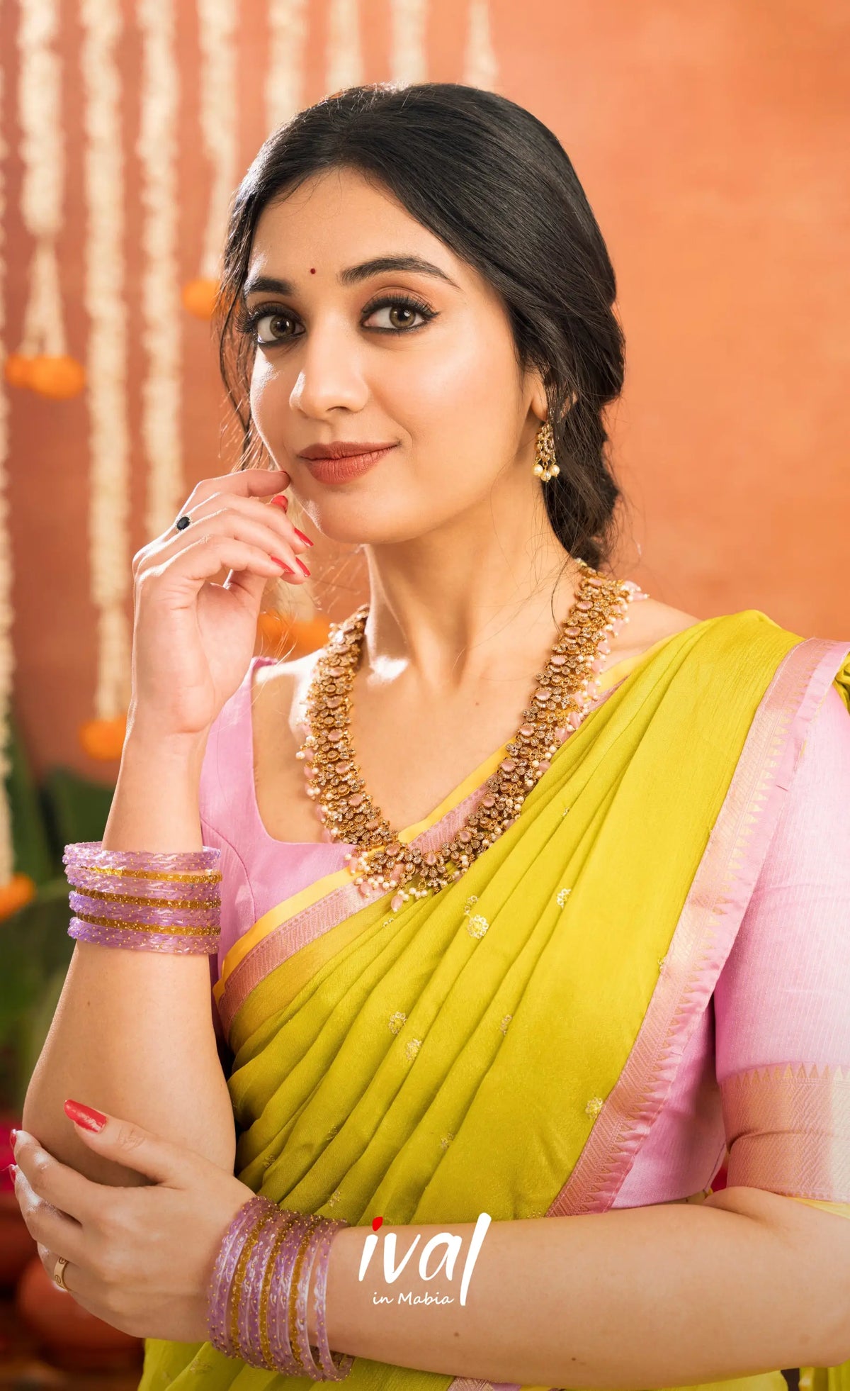 Izhaiyini Organza Halfsaree - Bright yellow and Baby pink - Half Sarees