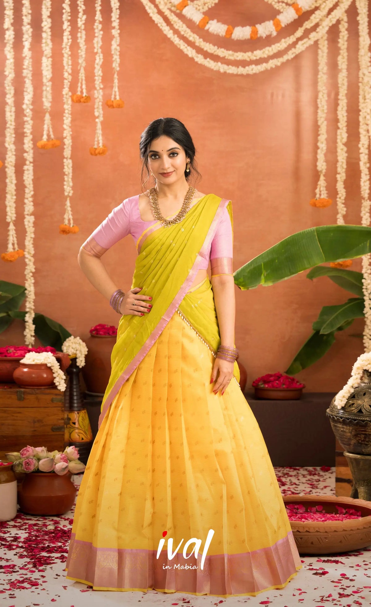 Izhaiyini Organza Halfsaree - Bright yellow and Baby pink - Half Sarees