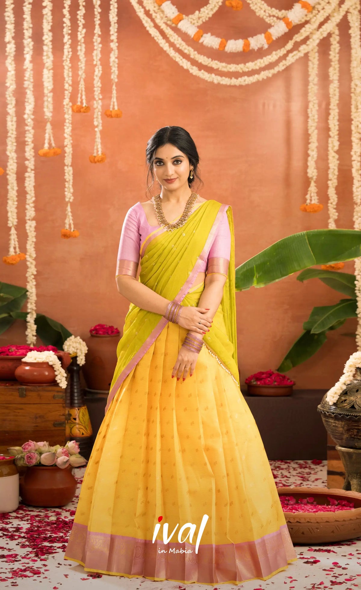 Izhaiyini Organza Halfsaree - Bright yellow and Baby pink - Half Sarees
