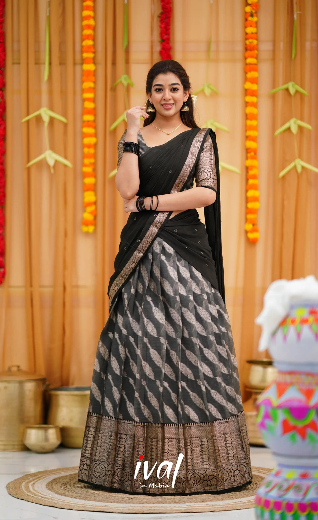 Izhaiyini Organza Halfsaree - Dark Grey and Black Half Sarees