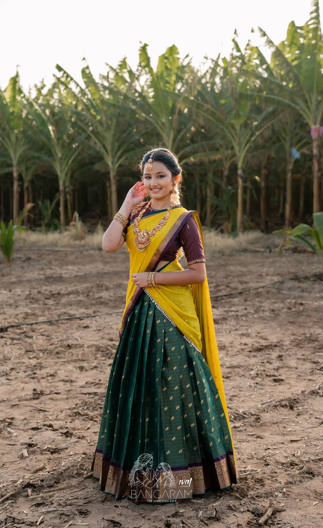 Izhaiyini Organza Halfsaree - Dark Olive Green and Henna Yellow with Aaari - Half Sarees