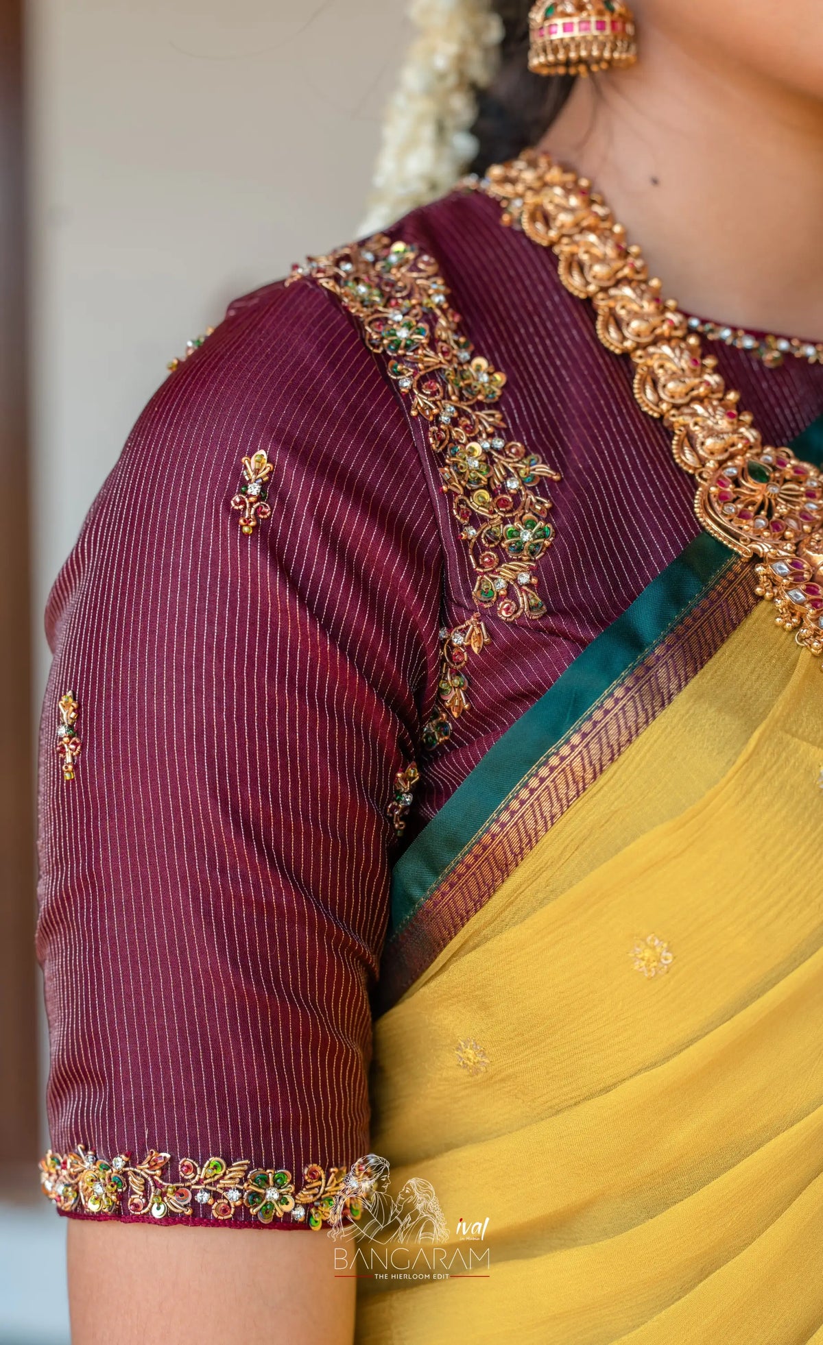 Izhaiyini Organza Halfsaree - Dark Olive Green and Henna Yellow with Aaari - Half Sarees