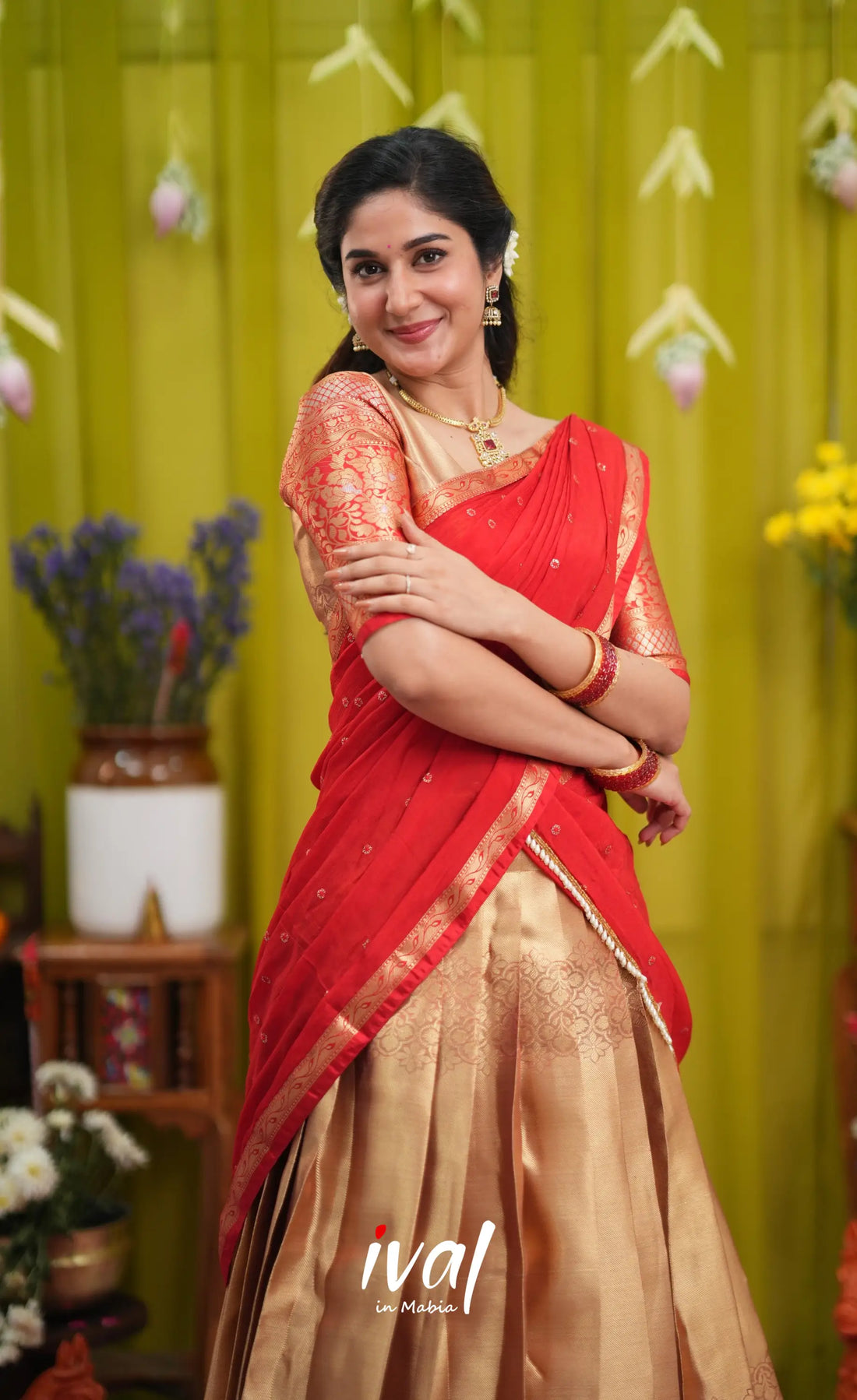 Izhaiyini Organza Halfsaree - Gold and Red - Half Sarees
