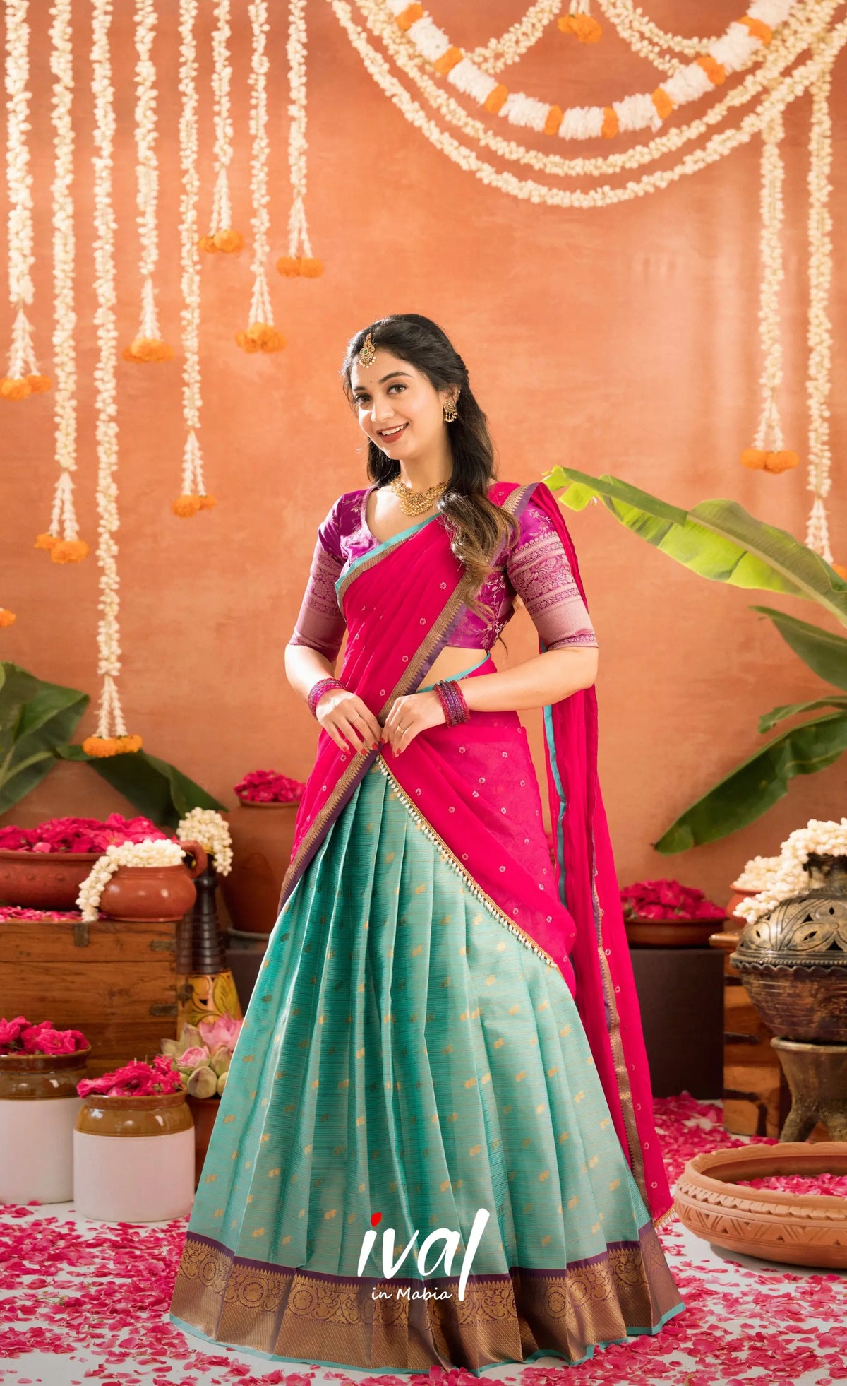 Izhaiyini Organza Halfsaree - Greenish teal and Dark purple - Half Sarees