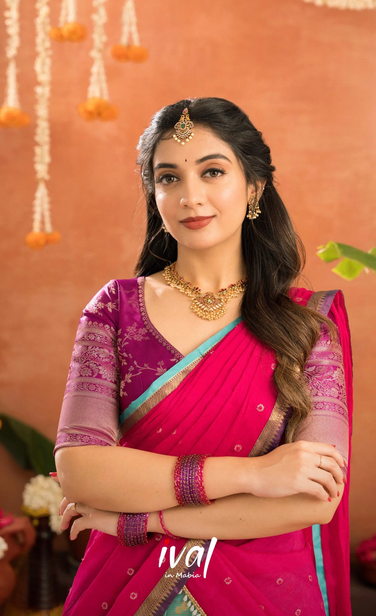 Izhaiyini Organza Halfsaree - Greenish teal and Dark purple - Half Sarees