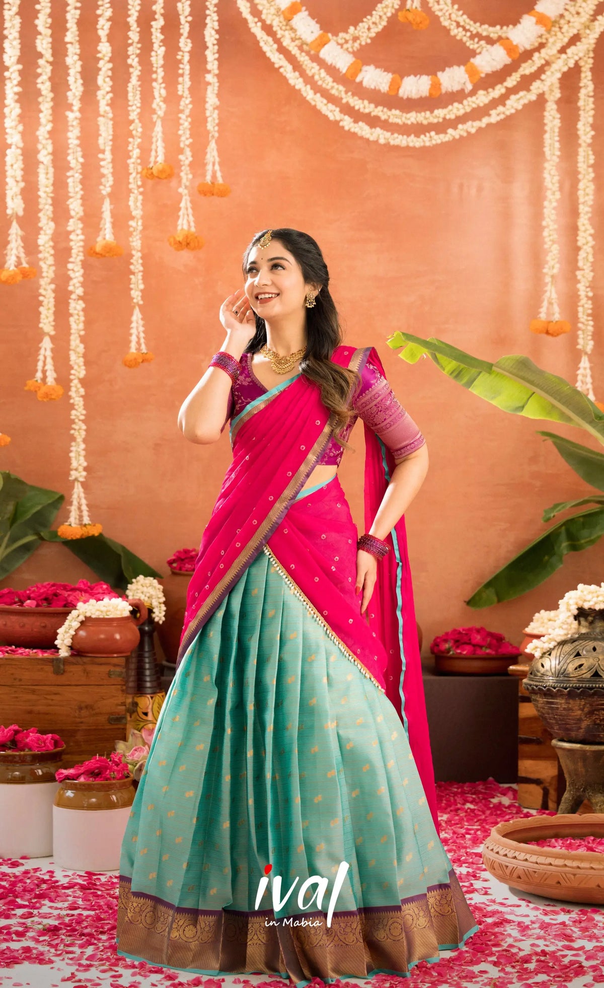 Izhaiyini Organza Halfsaree - Greenish teal and Dark purple - Half Sarees