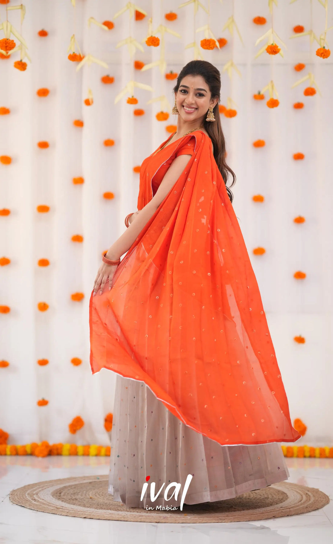 Izhaiyini Organza Halfsaree - Grey and Bright Orange Half Sarees