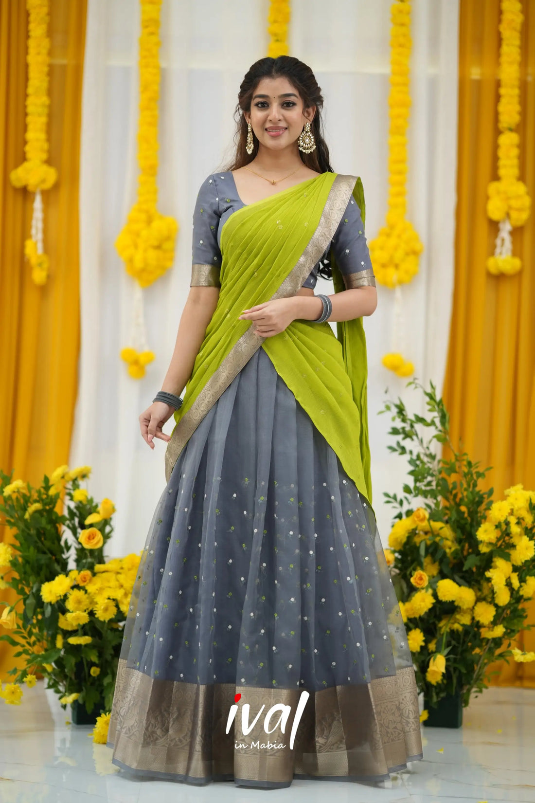 Izhaiyini Organza Halfsaree - Grey and Leaf Green Half Sarees