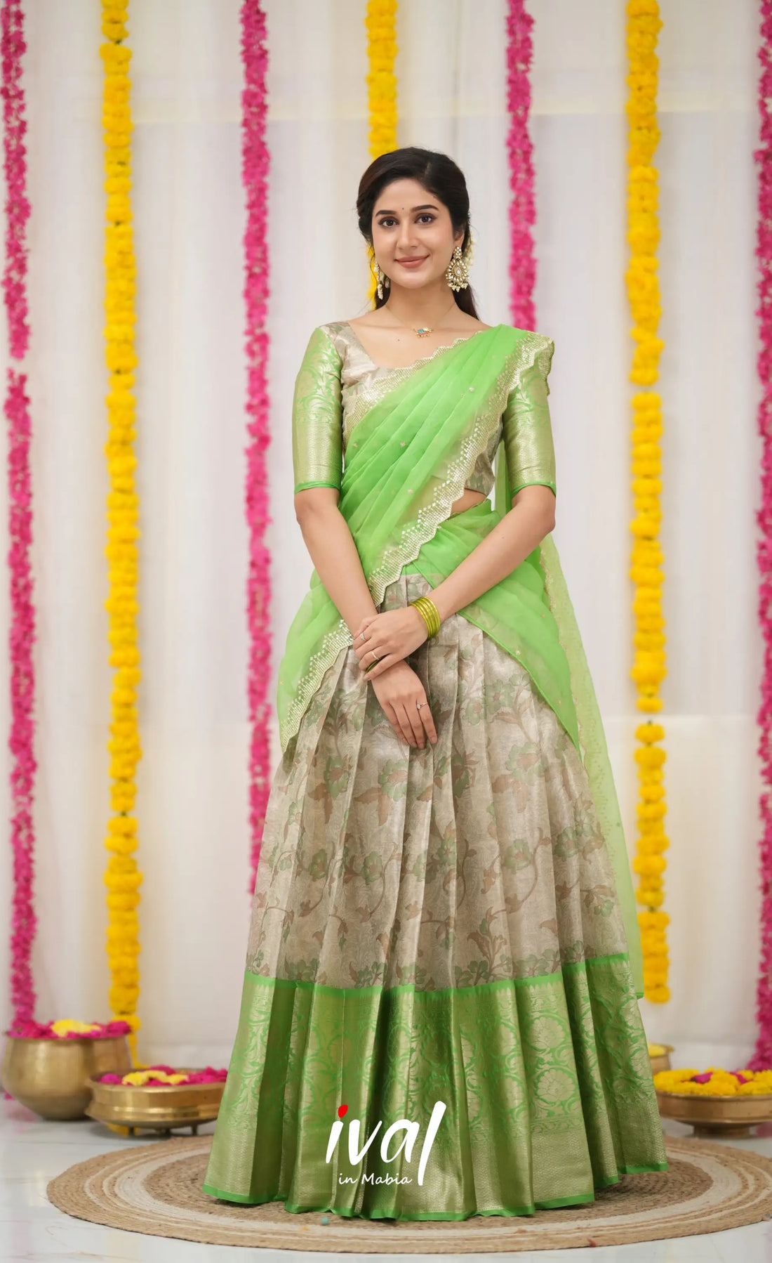 Izhaiyini Organza Halfsaree - Grey and Light Green Half Sarees