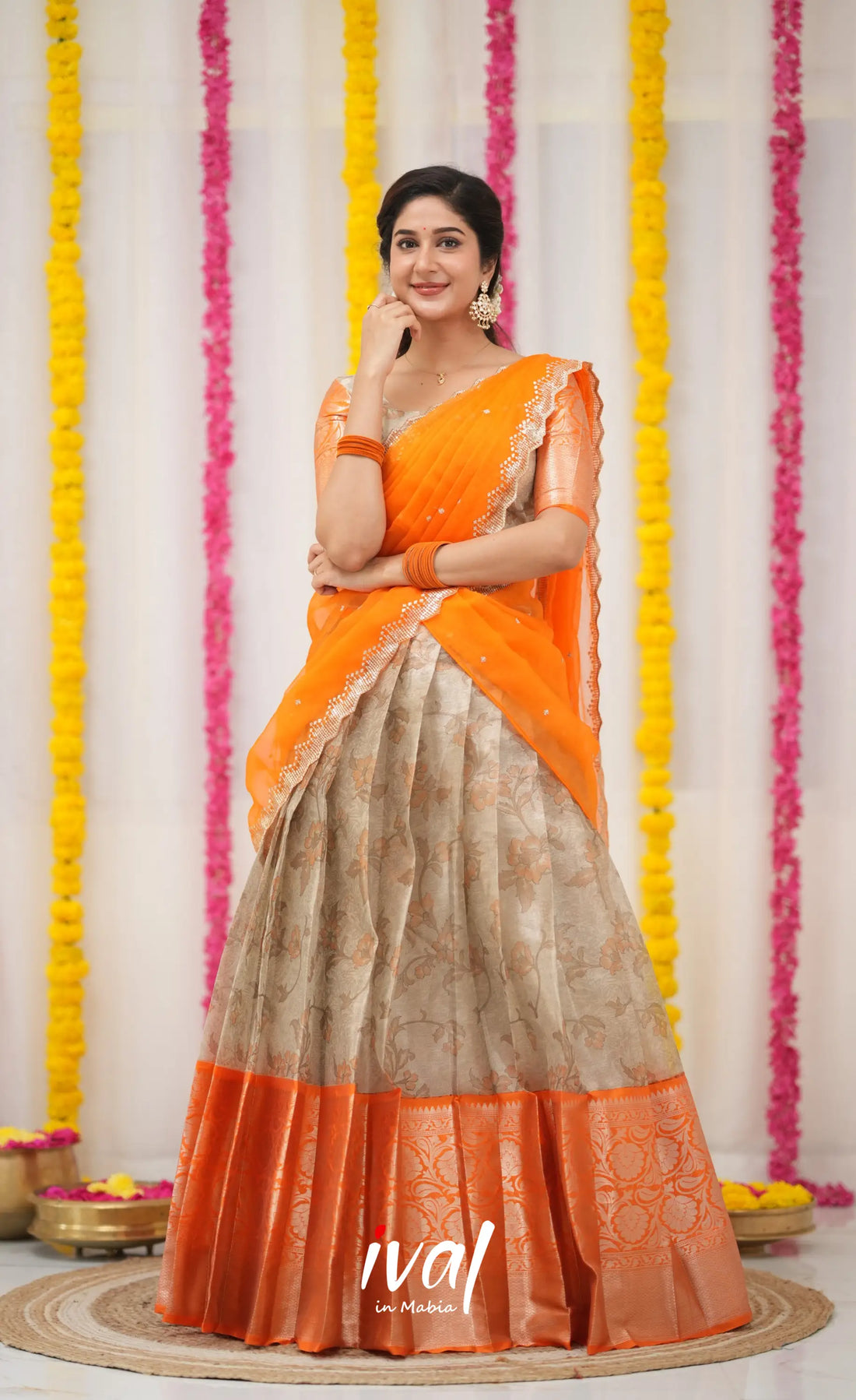 Izhaiyini Organza Halfsaree - Grey and Orange Half Sarees