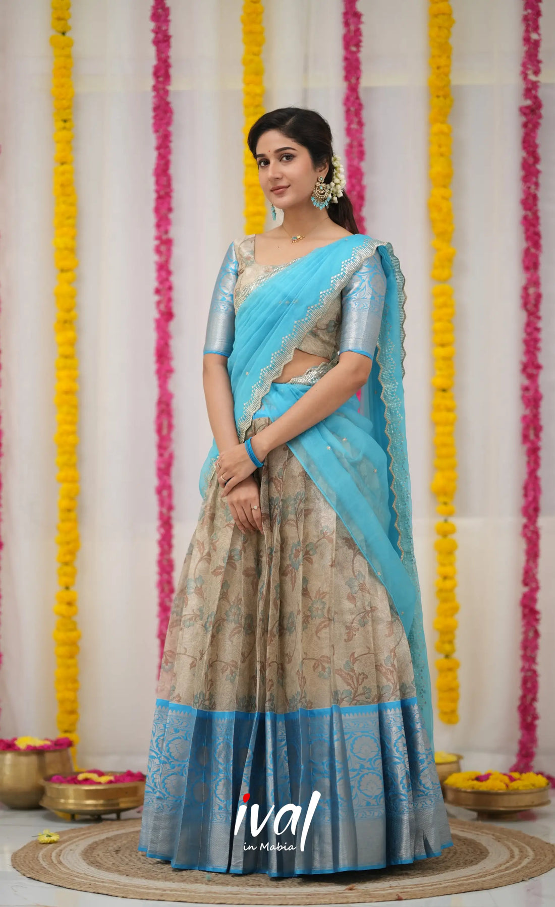 Izhaiyini Organza Halfsaree - Grey and Sky Blue Half Sarees