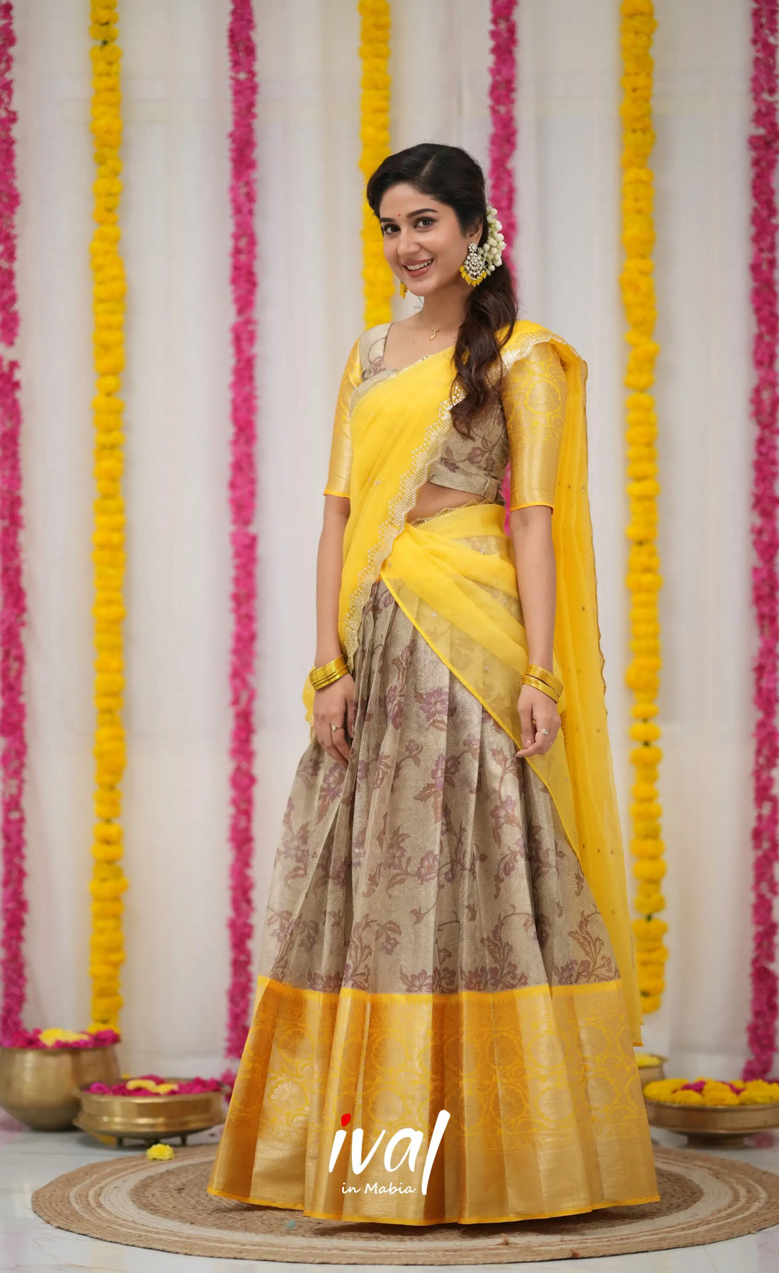 Izhaiyini Organza Halfsaree - Grey and Yellow Half Sarees