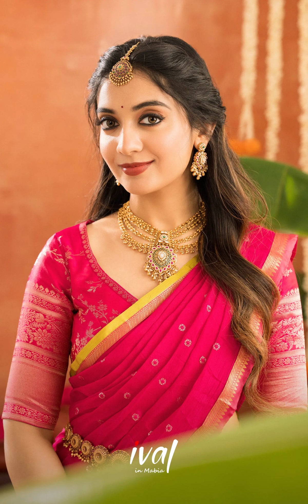 Izhaiyini Organza Halfsaree - Henna Yellow and Rani pink - Half Sarees