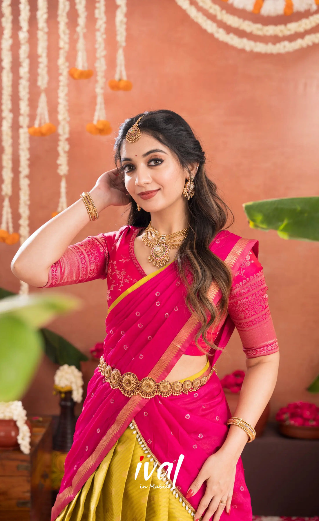 Izhaiyini Organza Halfsaree - Henna Yellow and Rani pink - Half Sarees