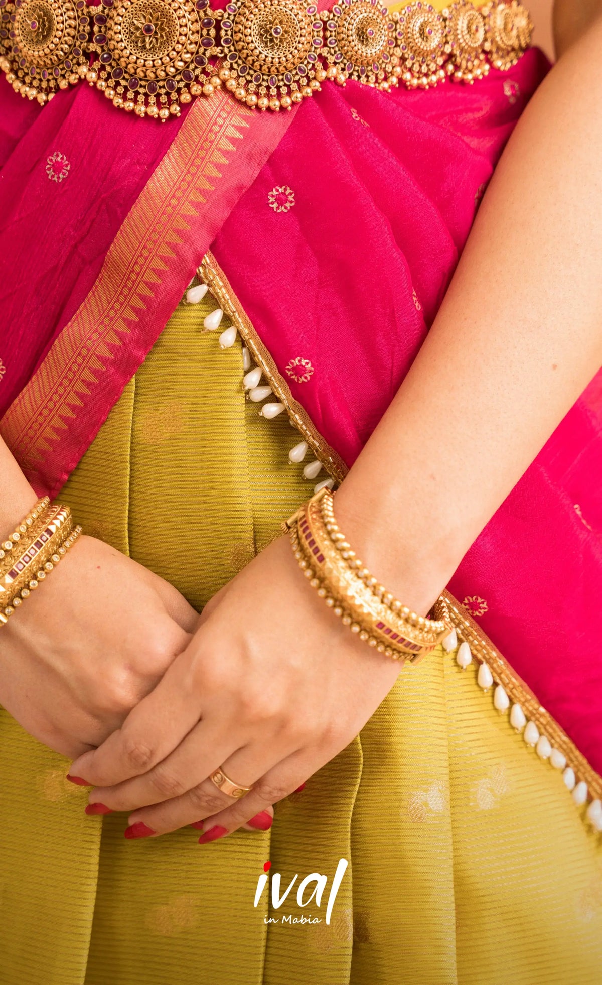 Izhaiyini Organza Halfsaree - Henna Yellow and Rani pink - Half Sarees