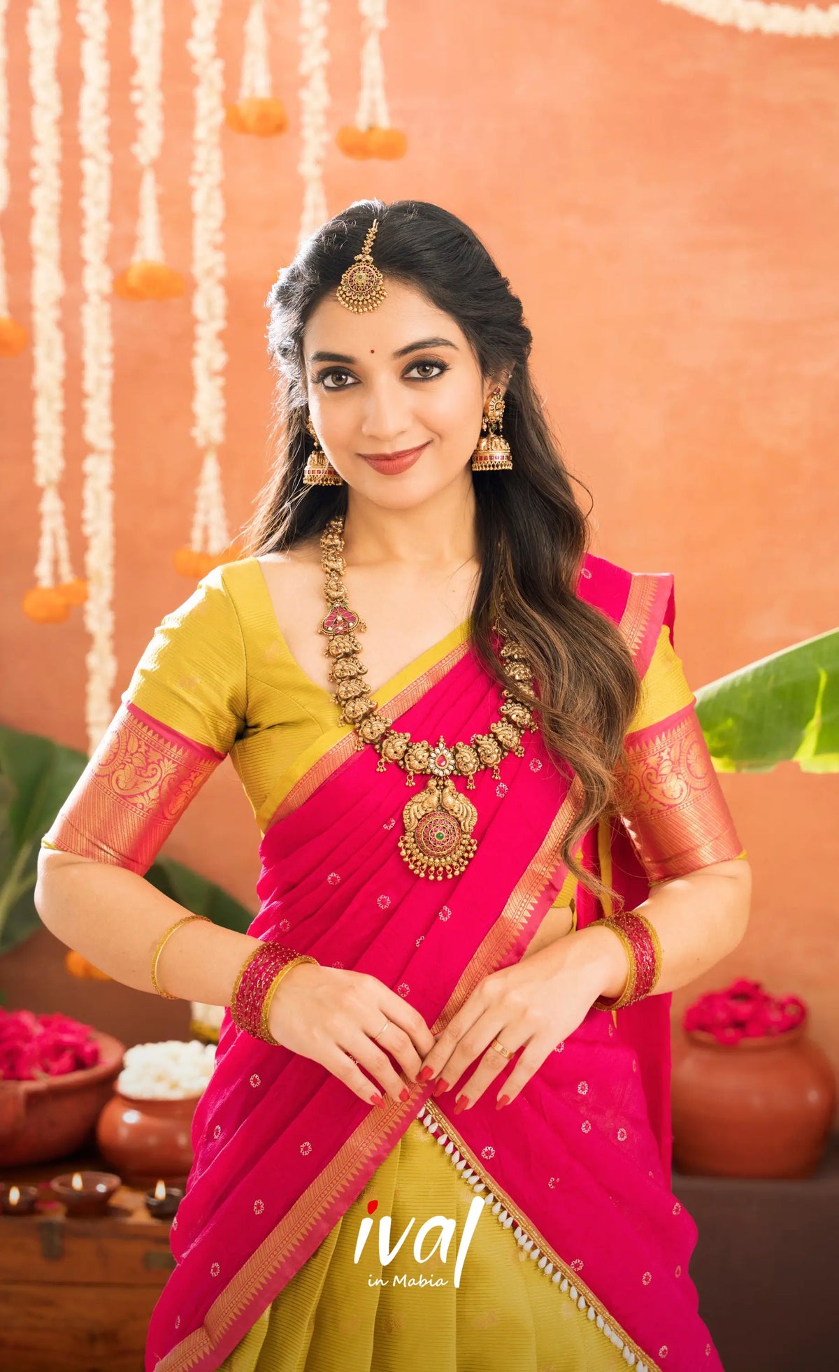 Izhaiyini Organza Halfsaree - Henna Yellow and Rani pink - Half Sarees