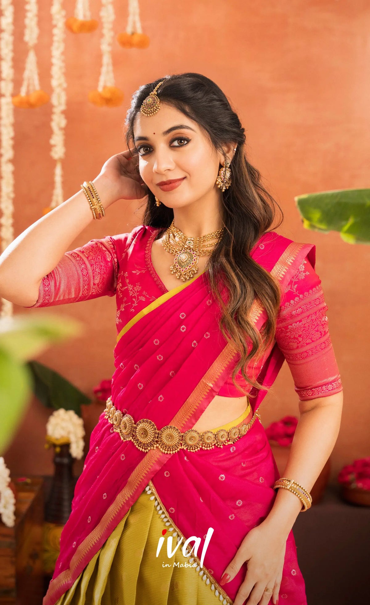 Izhaiyini Organza Halfsaree - Henna Yellow and Rani pink - Half Sarees