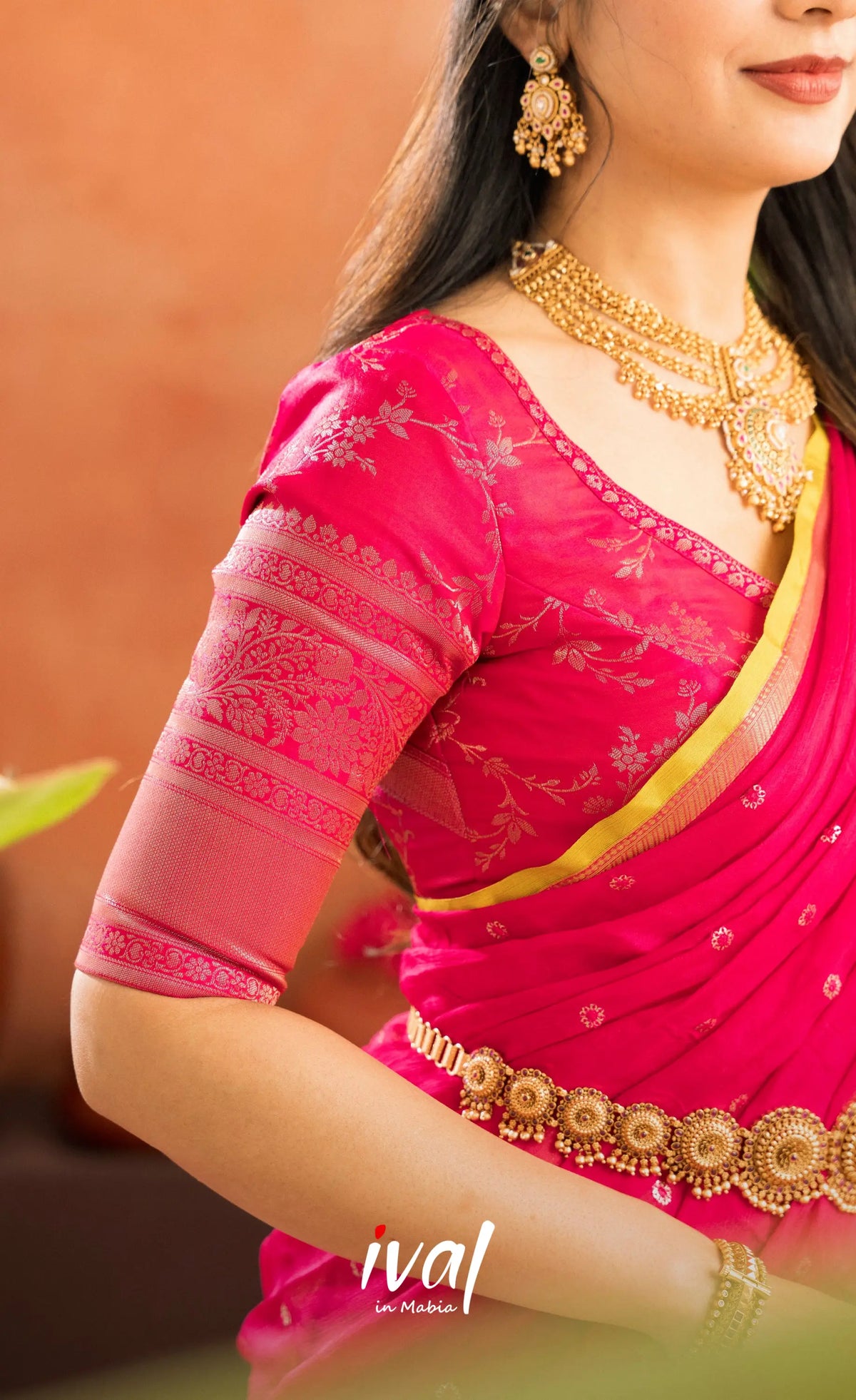 Izhaiyini Organza Halfsaree - Henna Yellow and Rani pink - Half Sarees