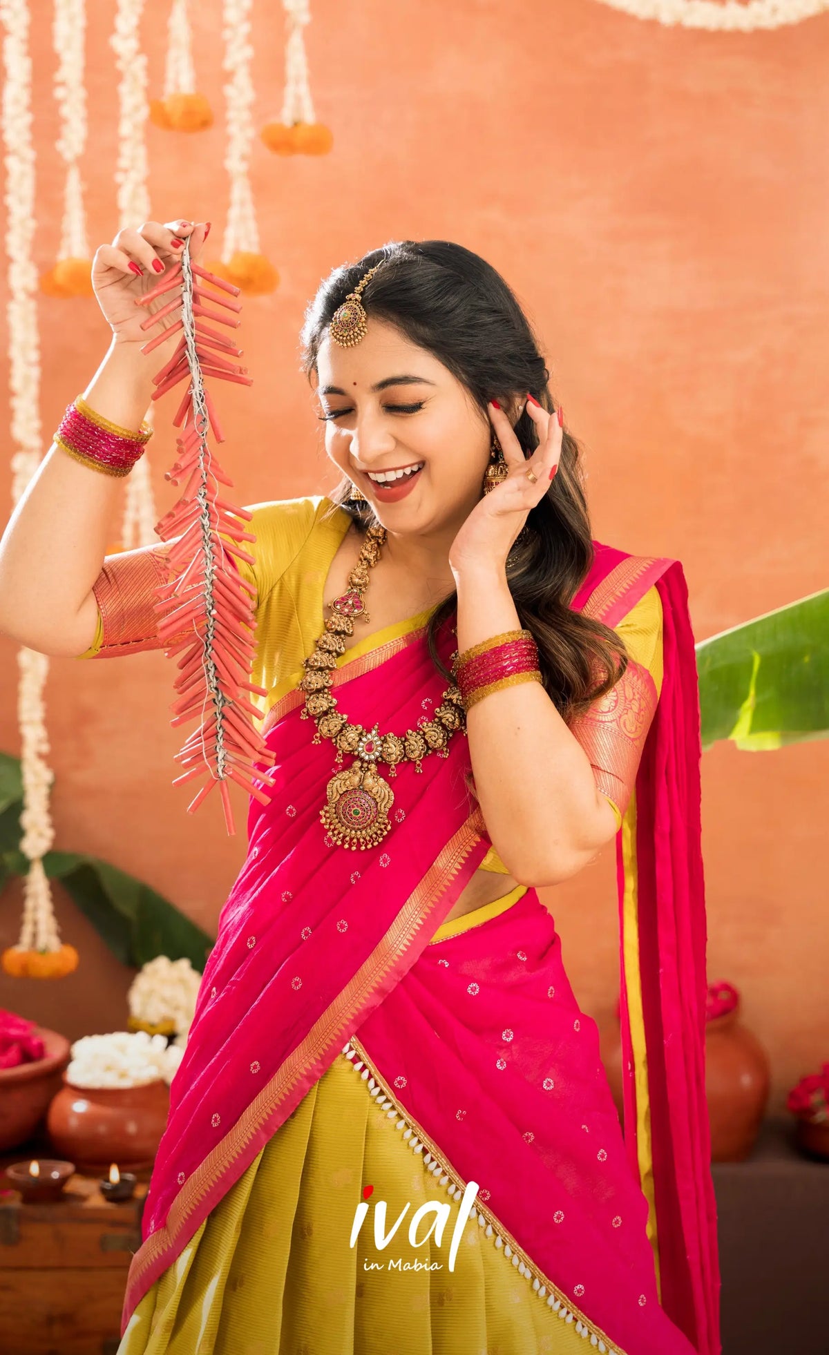 Izhaiyini Organza Halfsaree - Henna Yellow and Rani pink - Half Sarees