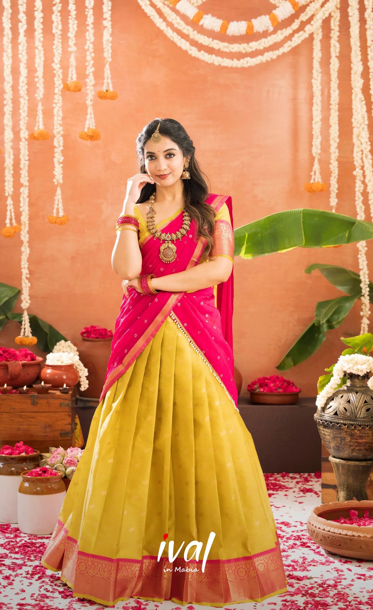 Izhaiyini Organza Halfsaree - Henna Yellow and Rani pink - Half Sarees