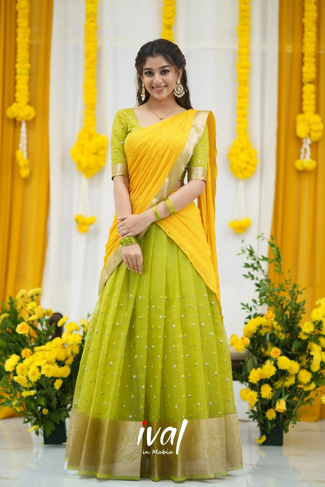 Izhaiyini Organza Halfsaree - Leaf Green and Yellow Half Sarees