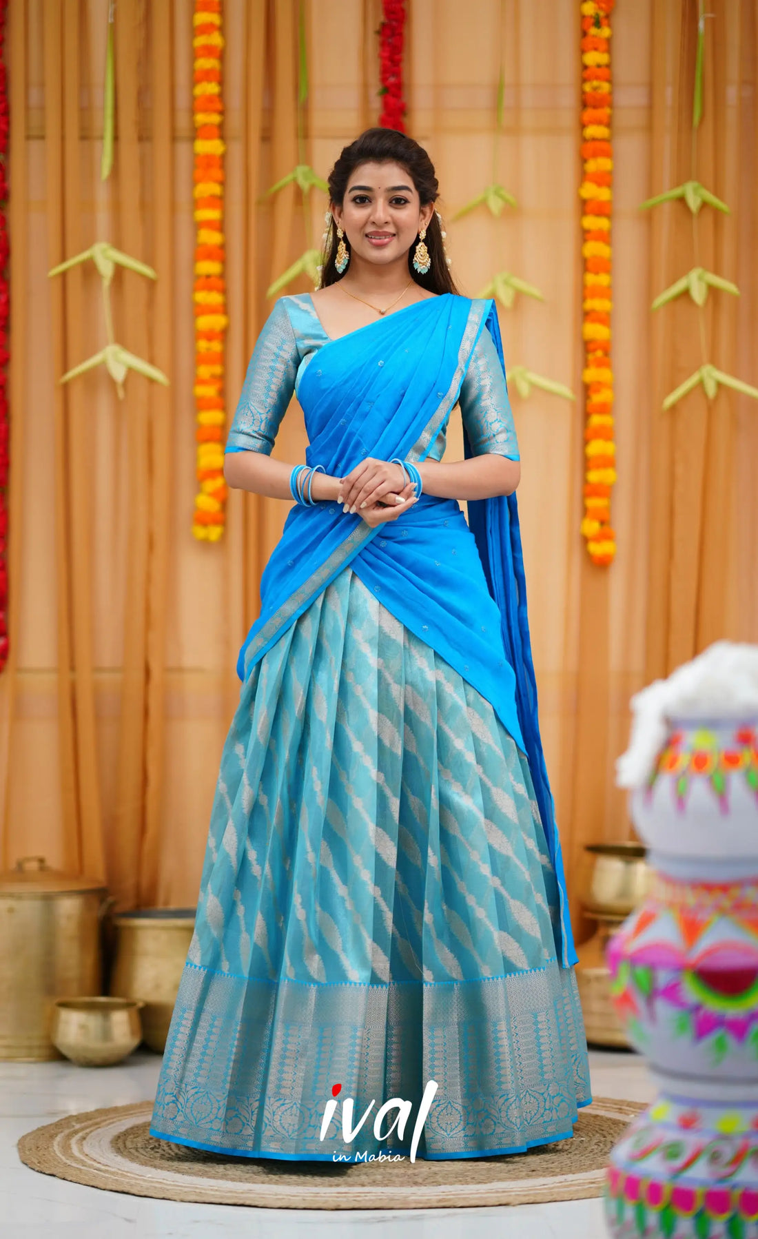 Izhaiyini Organza Halfsaree - Light Blue and Blue Half Sarees