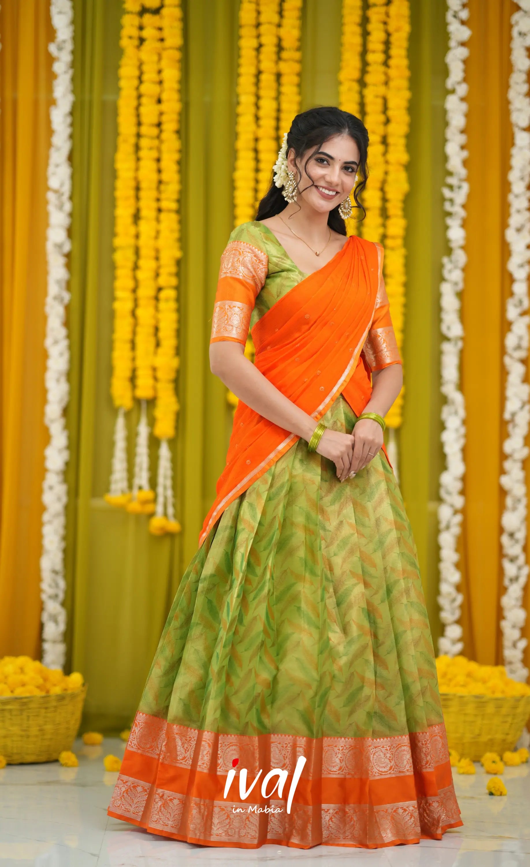 Izhaiyini Organza Halfsaree - Light Green and Orange Half Sarees