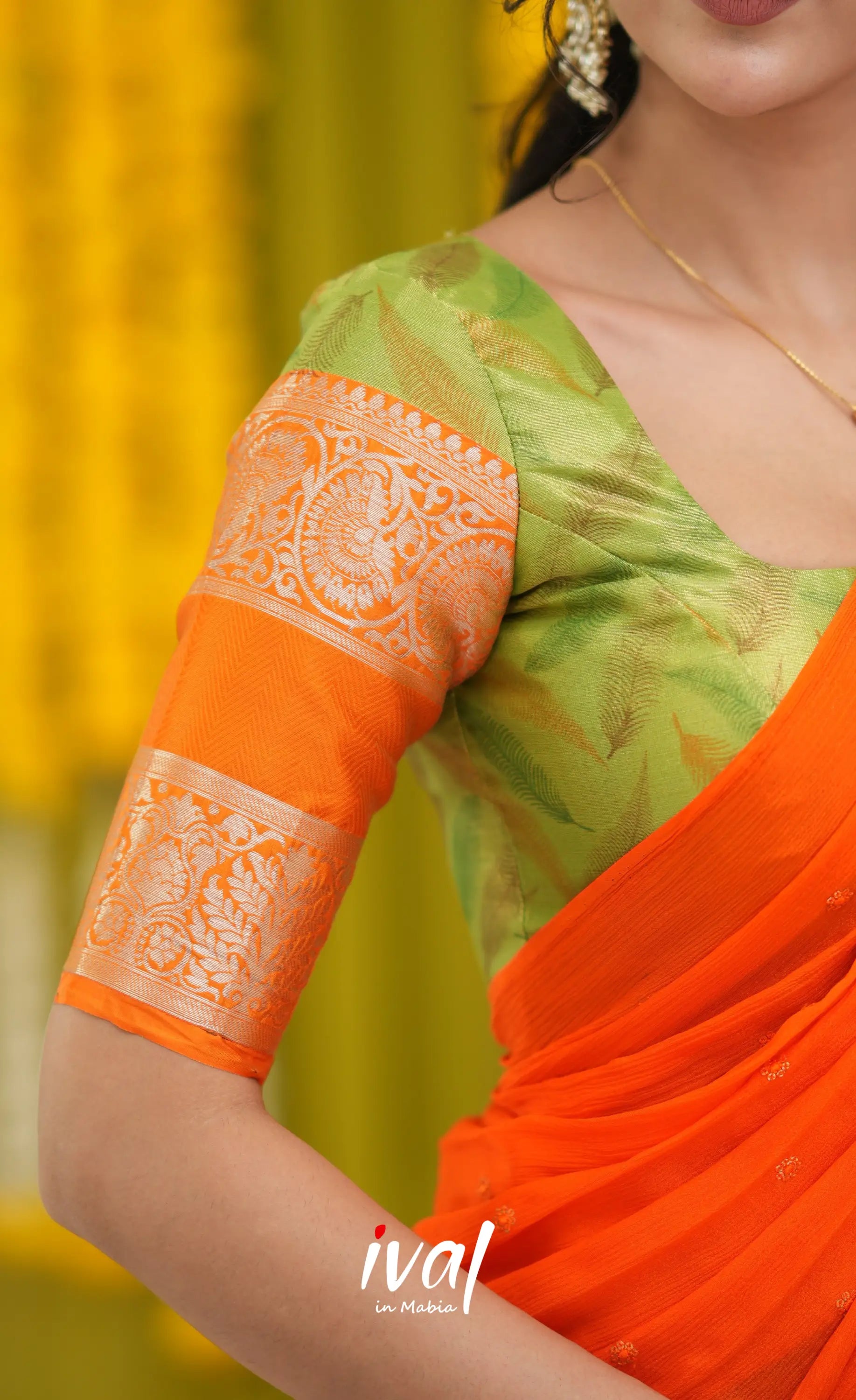 Izhaiyini Organza Halfsaree - Light Green and Orange Half Sarees