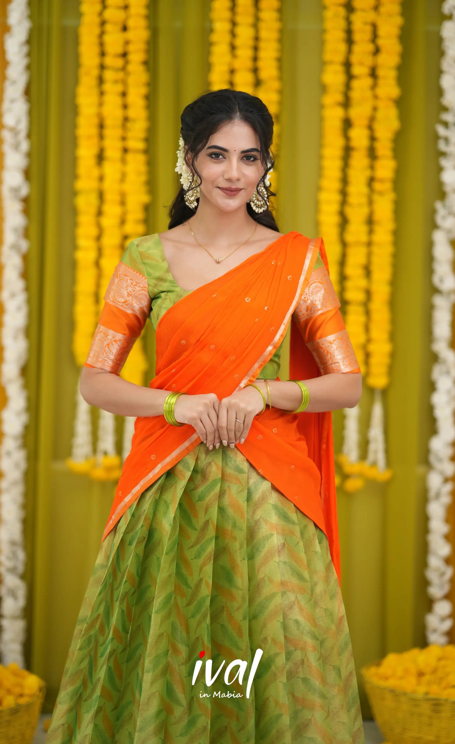 Izhaiyini Organza Halfsaree - Light Green and Orange Half Sarees