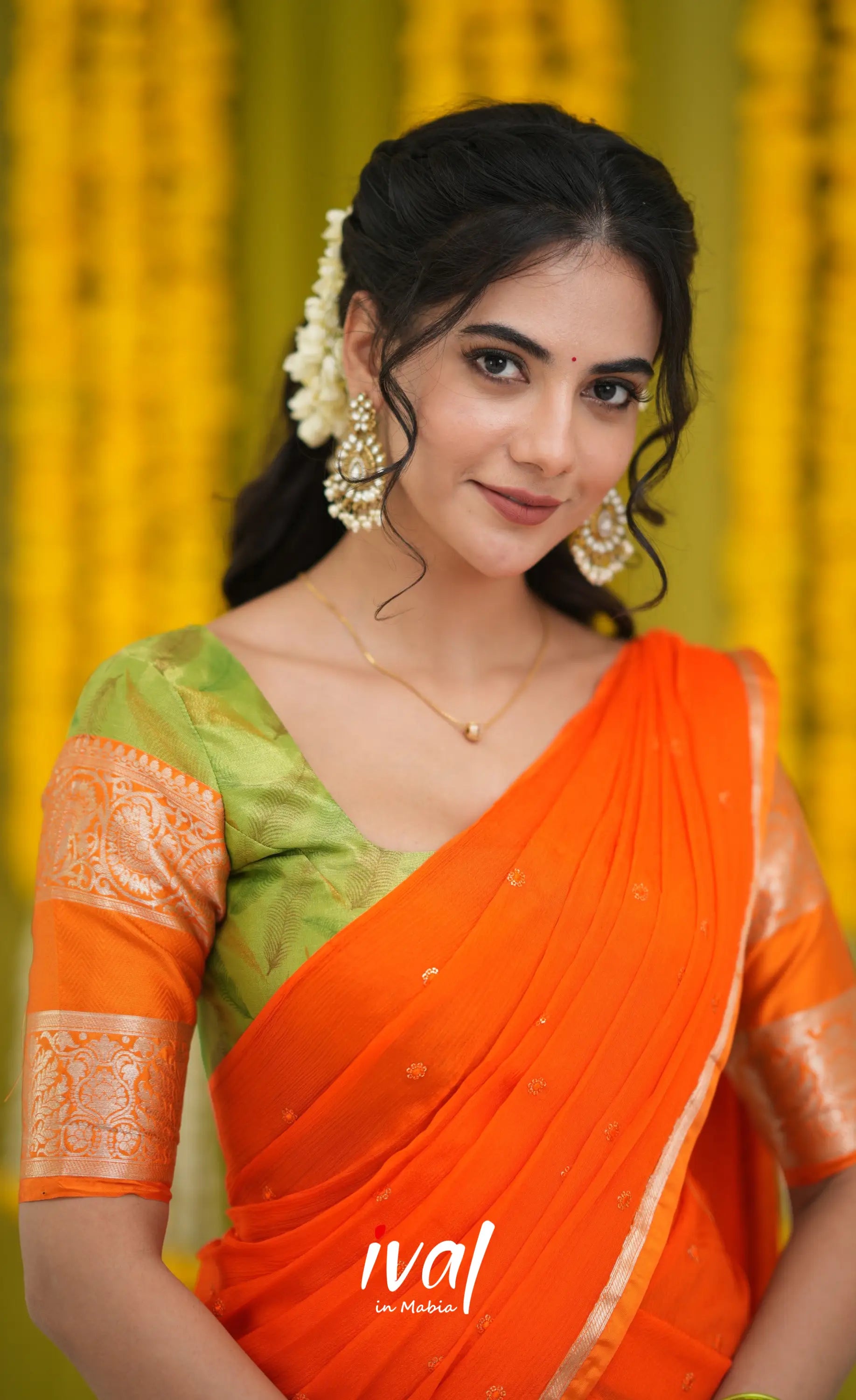 Izhaiyini Organza Halfsaree - Light Green and Orange Half Sarees