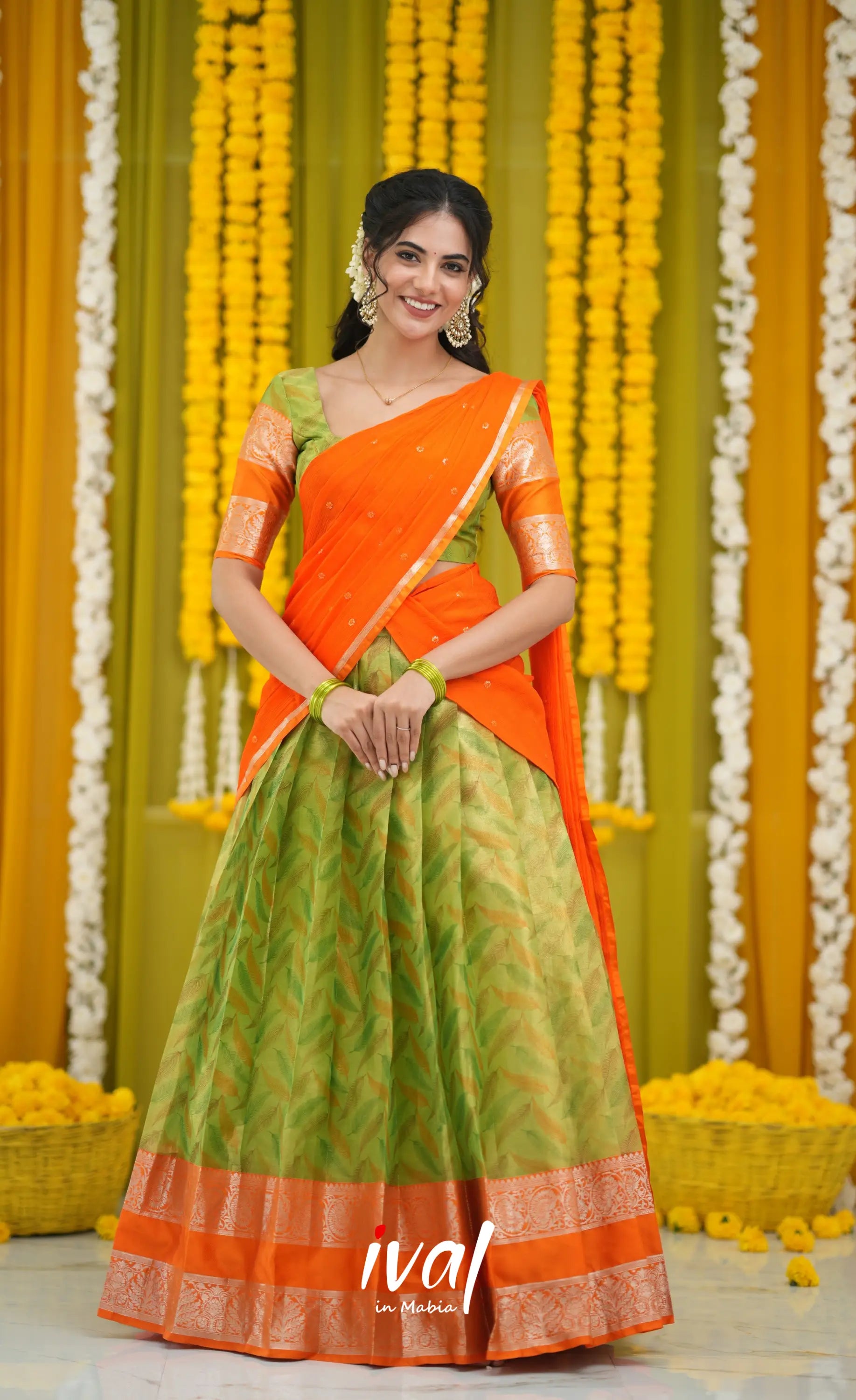 Izhaiyini Organza Halfsaree - Light Green and Orange Izhaiyini Organza Halfsaree - Light Green and Orange