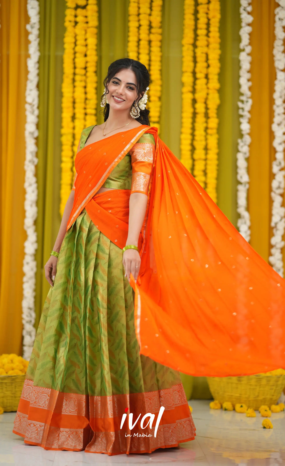 Izhaiyini Organza Halfsaree - Light Green and Orange Half Sarees
