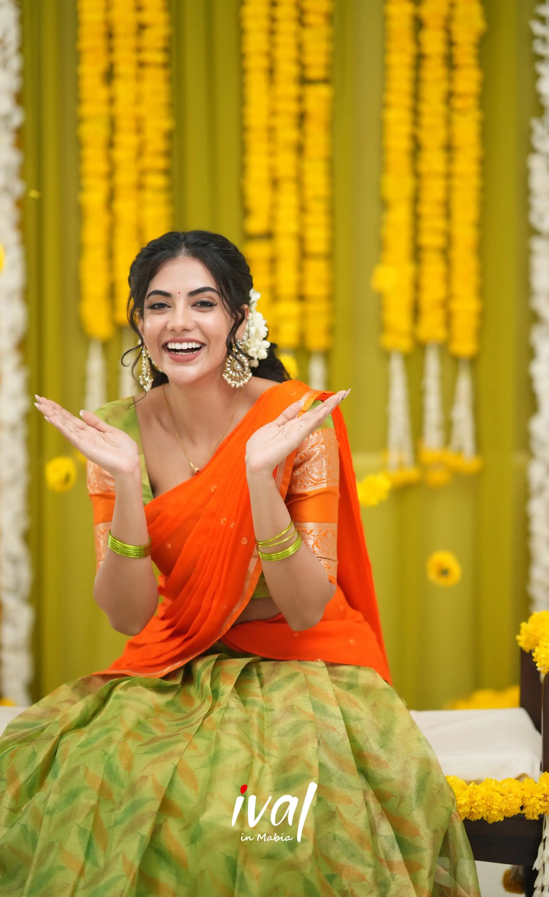 Izhaiyini Organza Halfsaree - Light Green and Orange Half Sarees